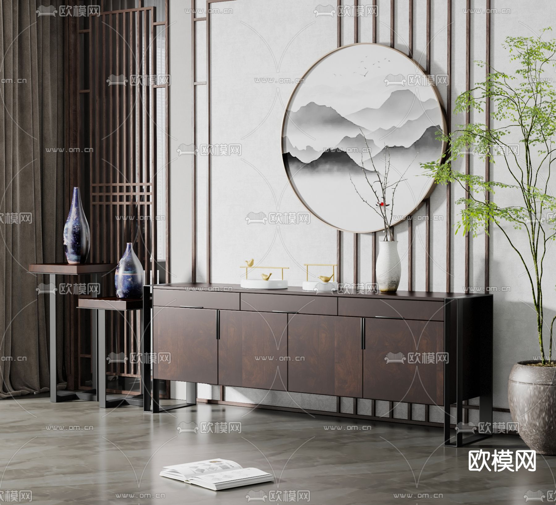 新中式实木电视柜3d模型下载