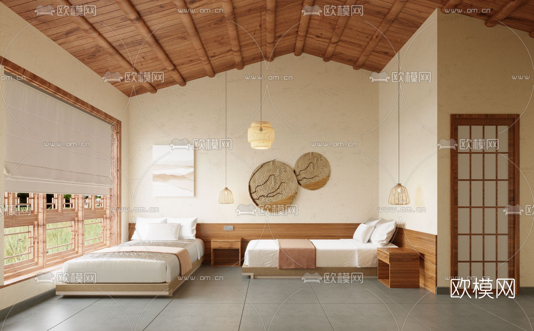 自然风双床民宿免费3d模型下载（渲染图1）