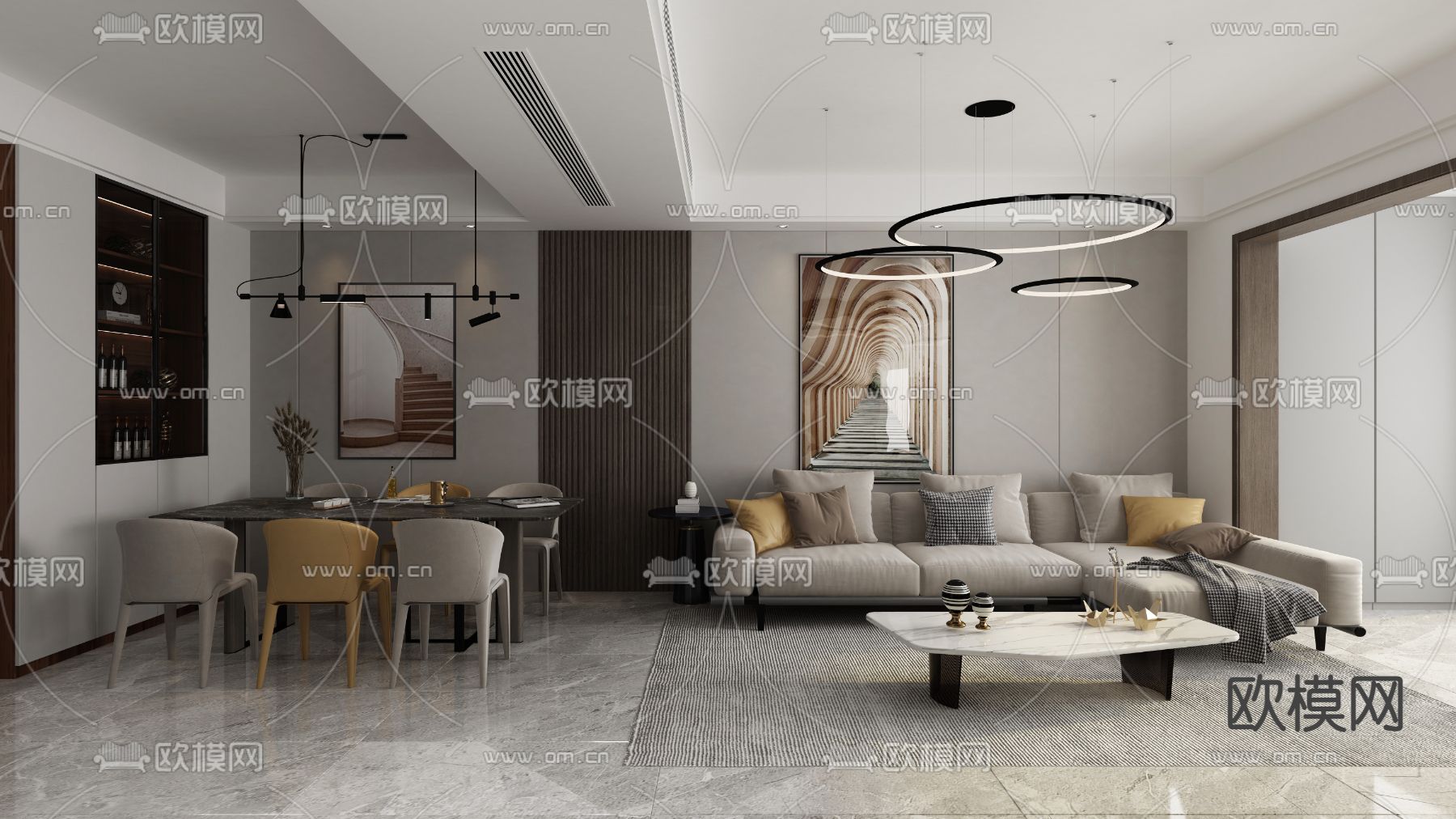 现代黑白灰客餐厅免费3d模型下载（渲染图1）