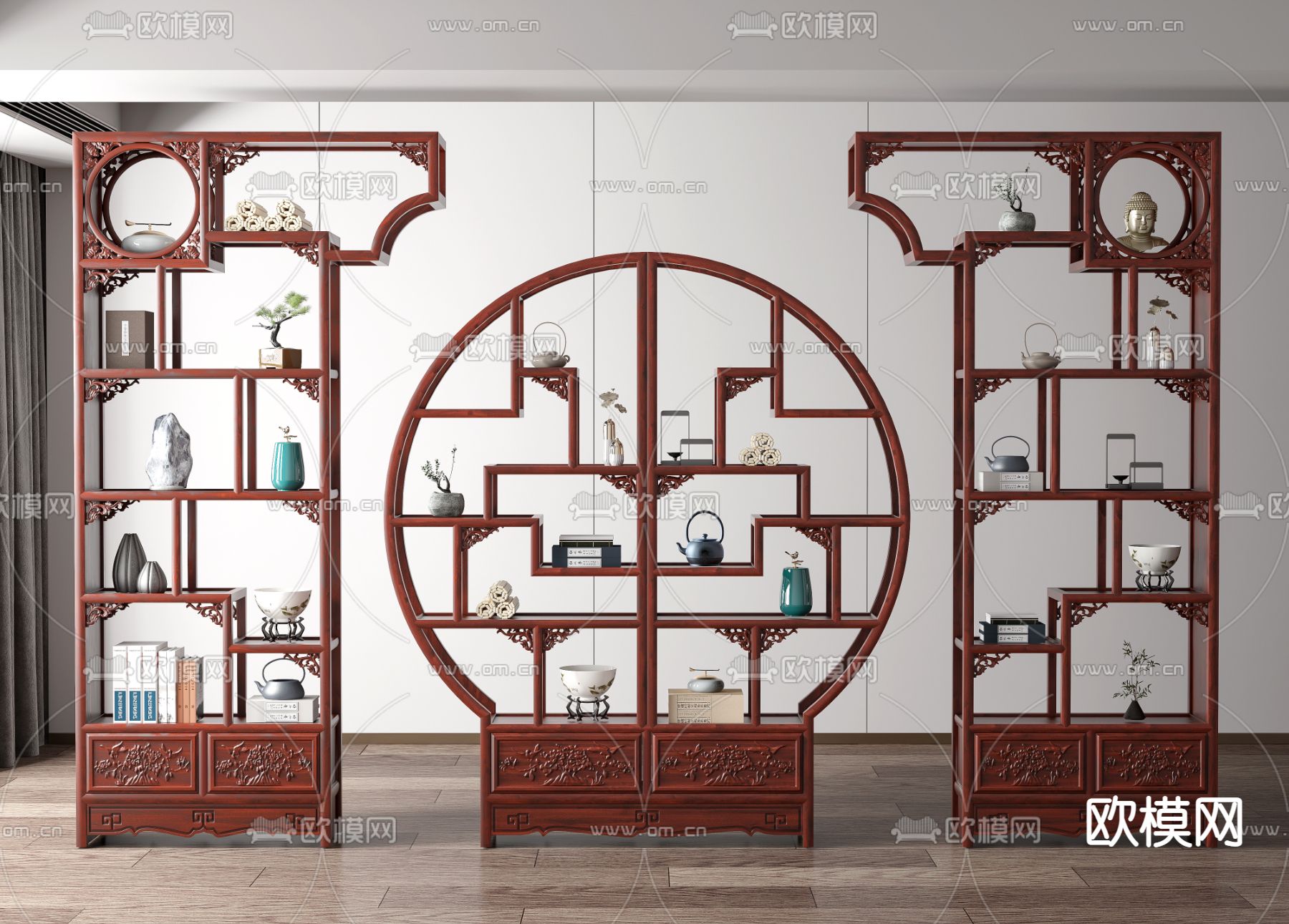 新中式实木圆形博古架3d模型下载