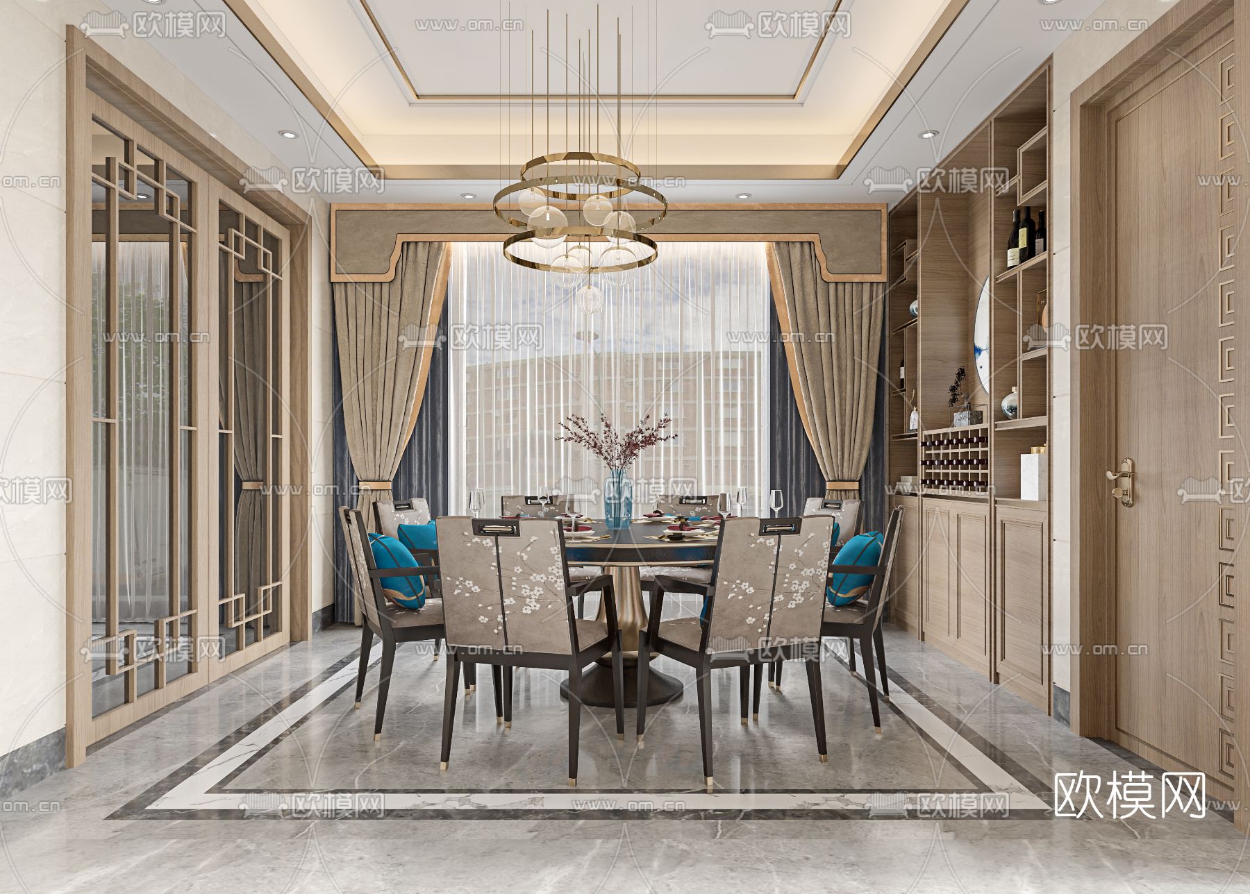 新中式客厅餐厅免费3d模型下载（渲染图2）