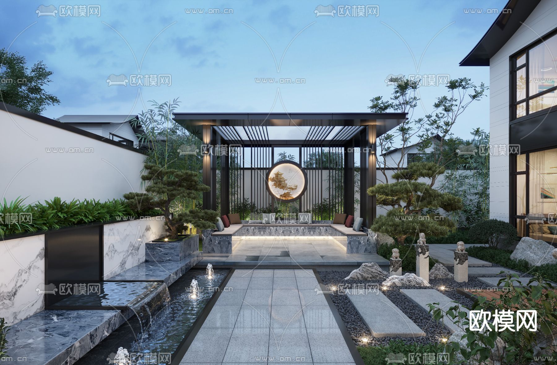 新中式别墅庭院夜景3d模型