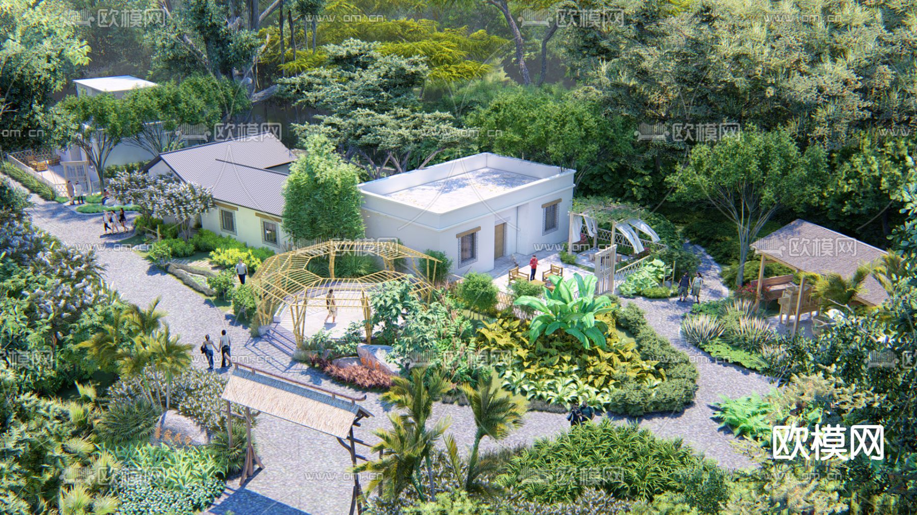 新中式农家乐庭院景观su模型下载（渲染图1）