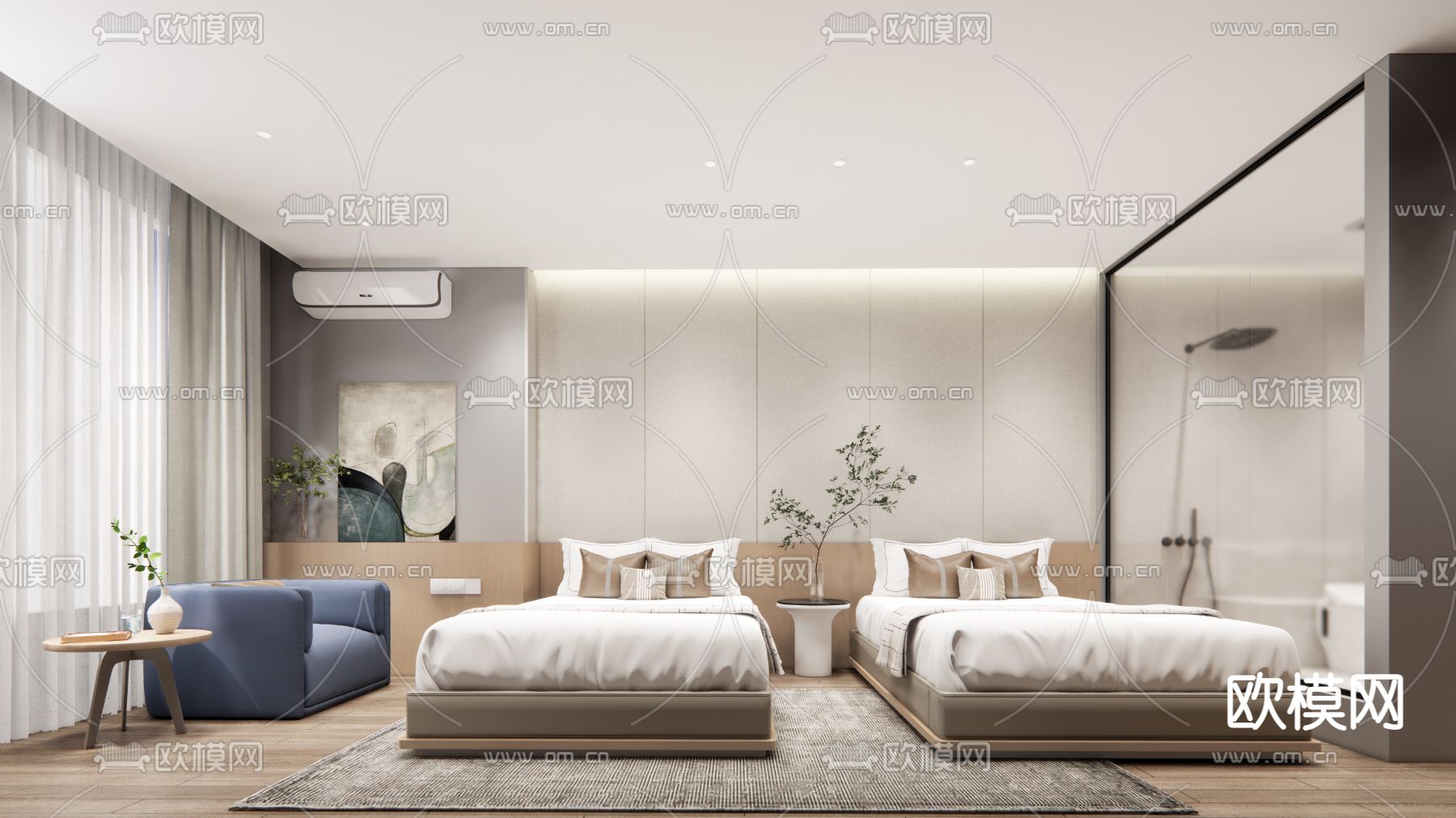 现代酒店客房su模型下载（渲染图1）