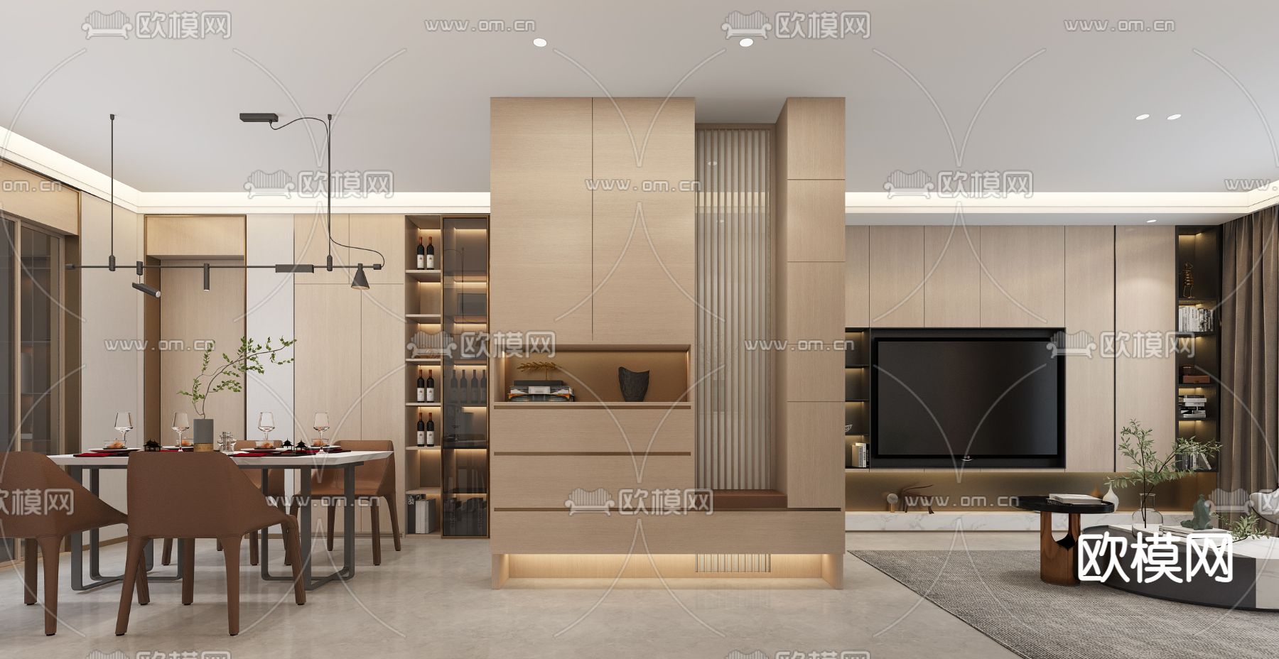 现代客餐厅免费3d模型下载（渲染图1）