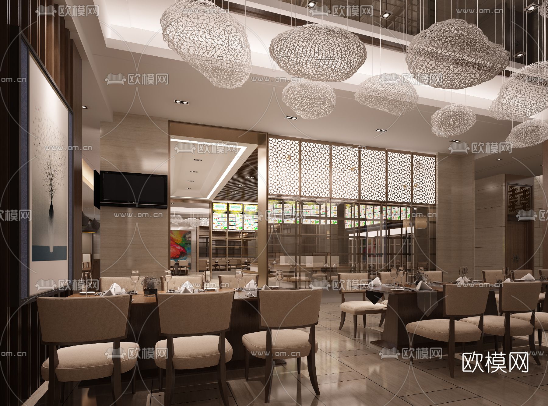 新中式西餐厅免费3d模型下载（渲染图1）