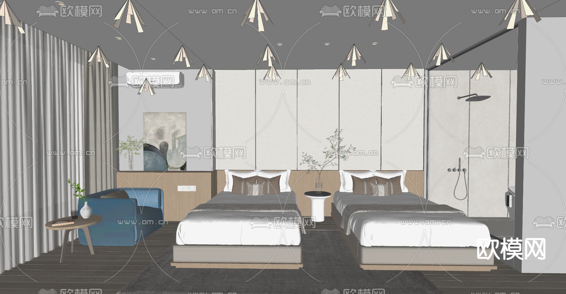 现代酒店客房su模型下载（渲染图2）