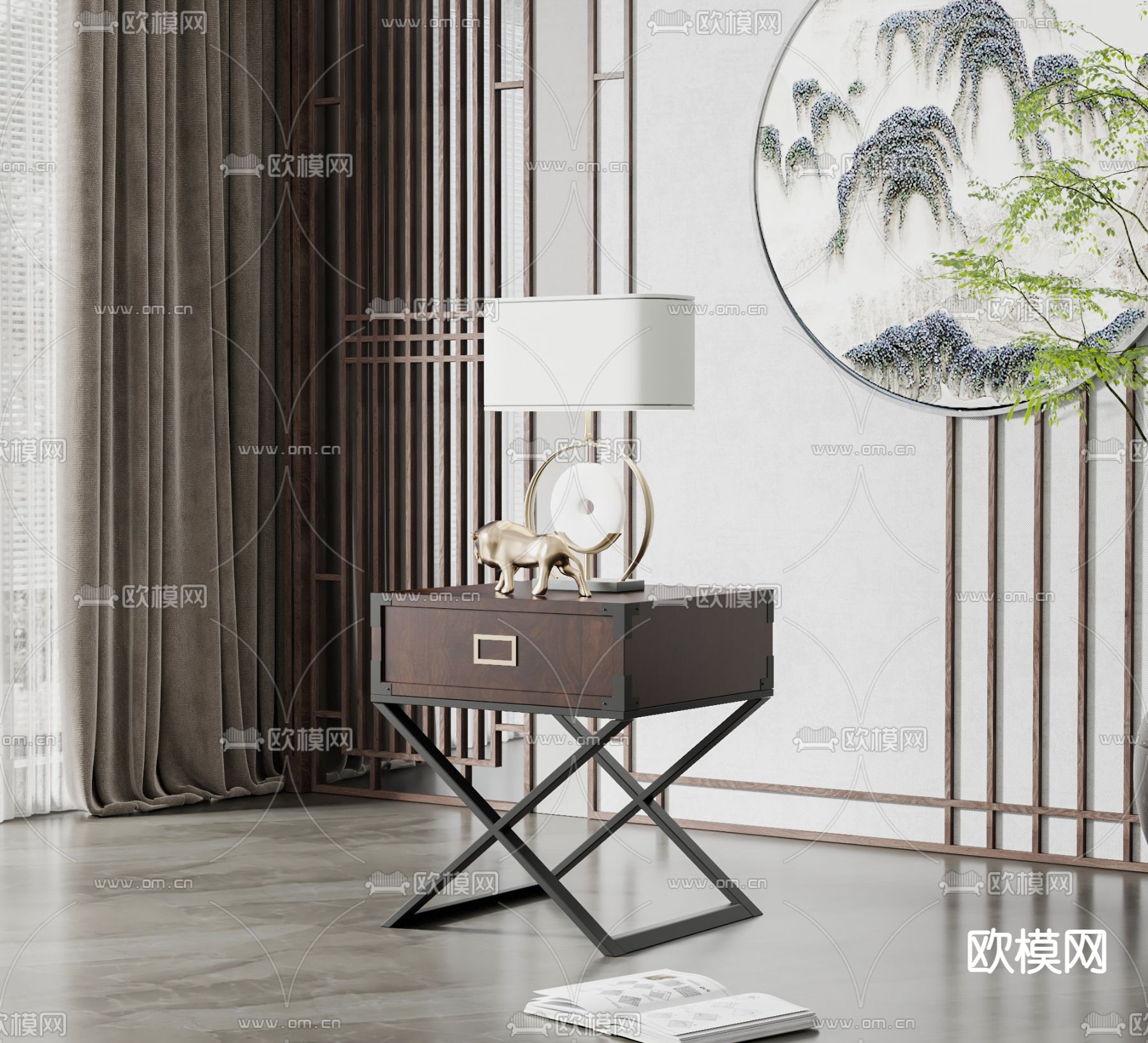 新中式实木床头柜3d模型下载