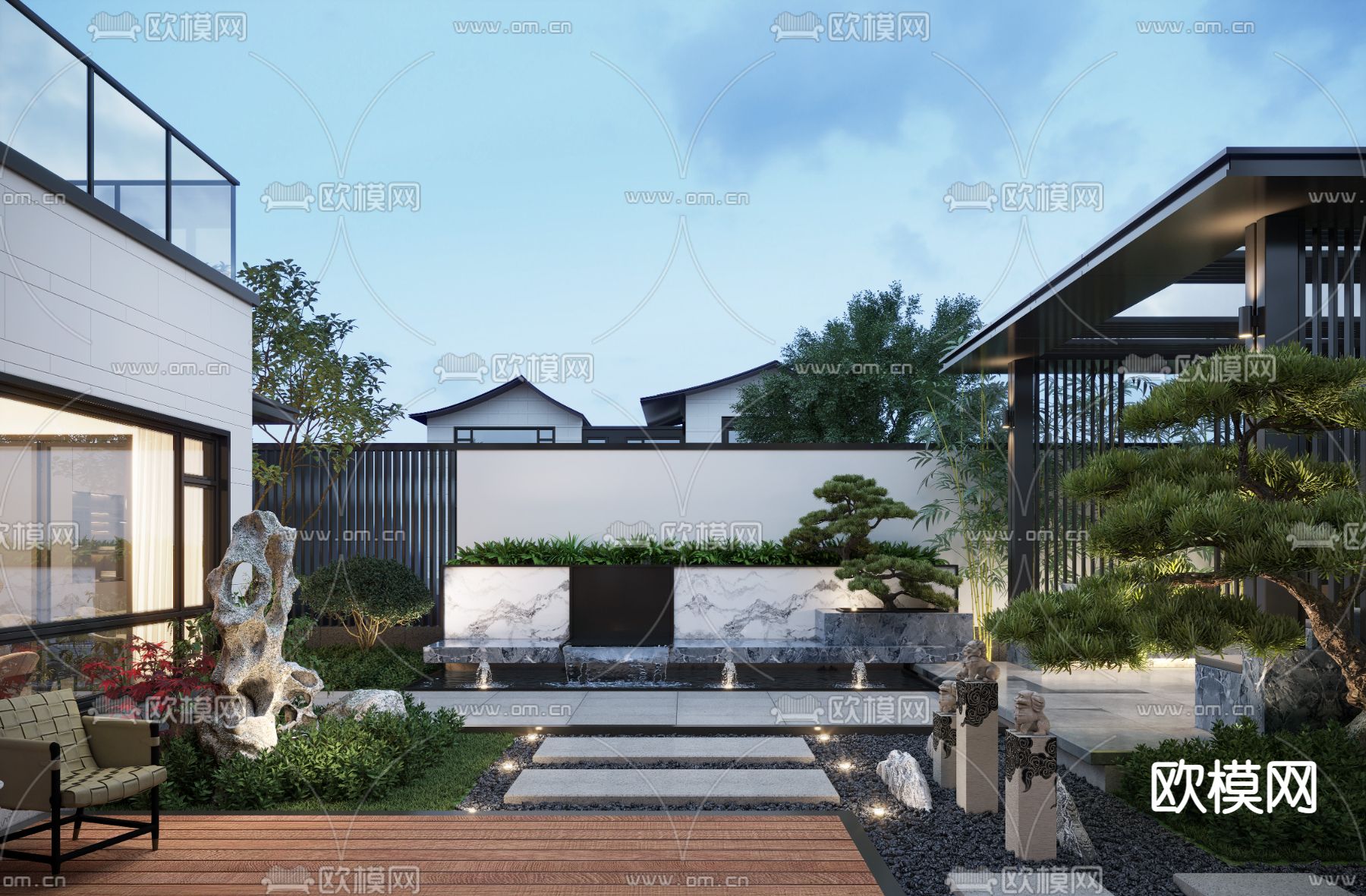 新中式别墅庭院夜景3d模型