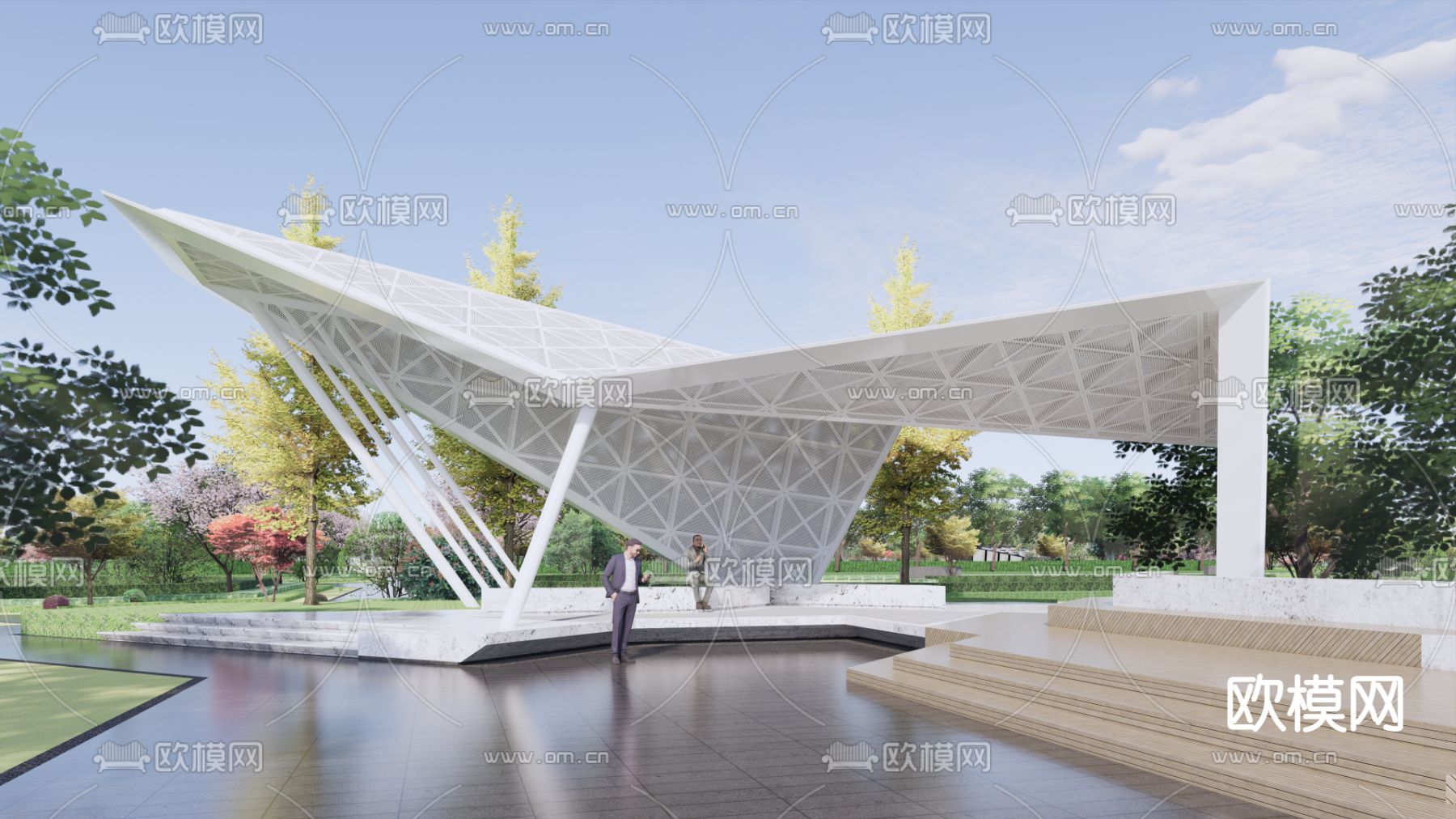 现代景观休闲廊架su模型下载（渲染图1）