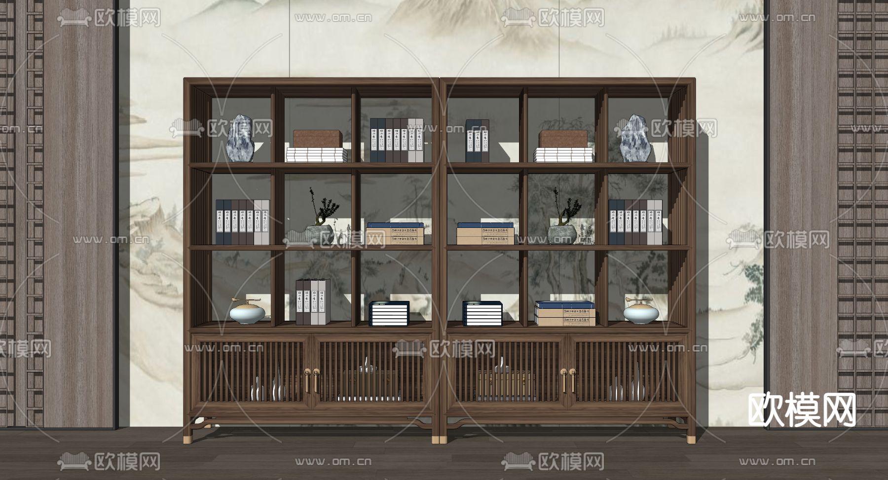 新中式实木博古架su模型
