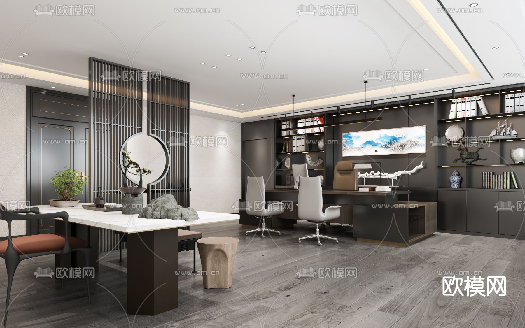 新中式董事长办公室免费3d模型下载