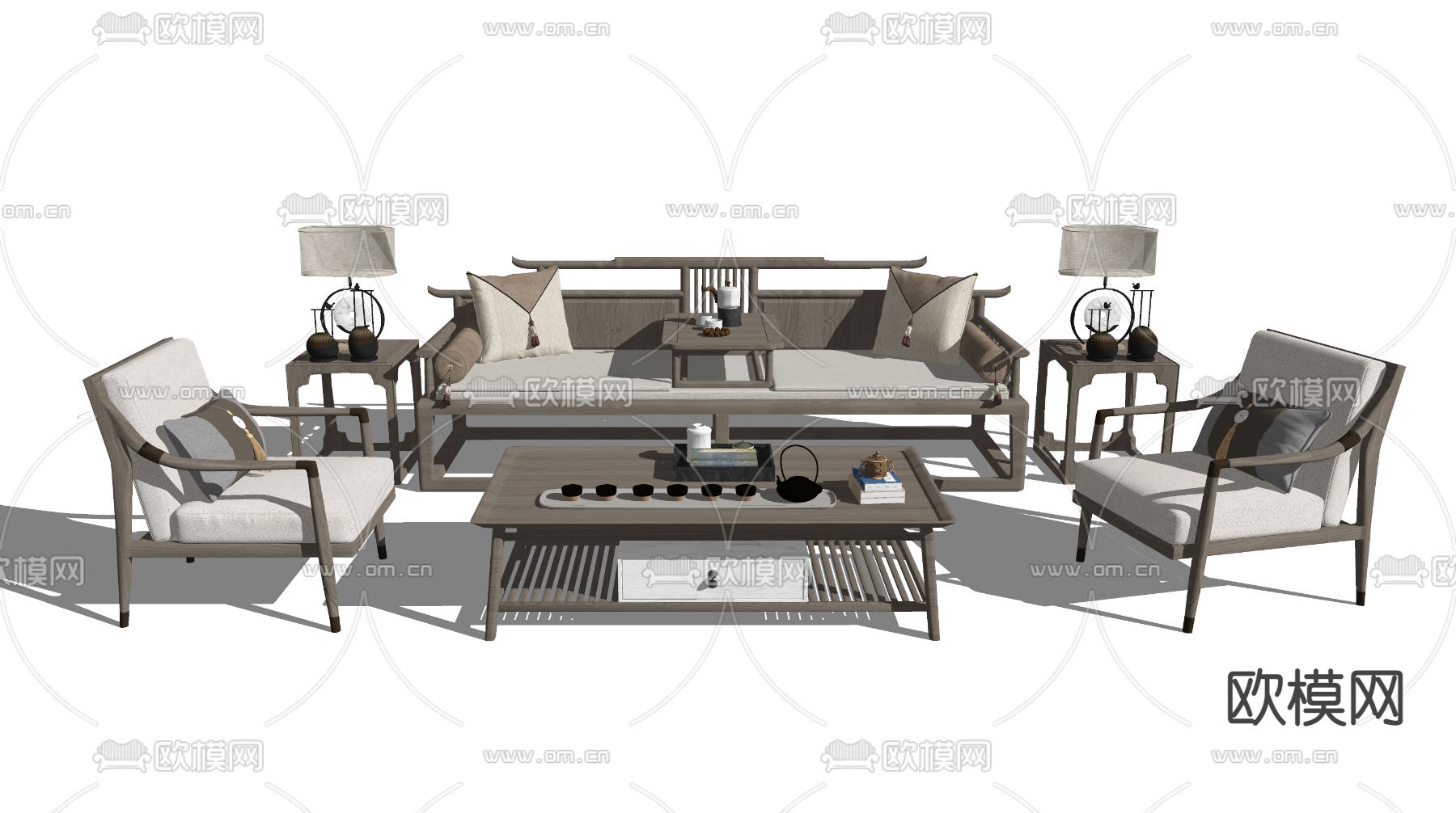 新中式实木沙发组合su模型下载（渲染图2）