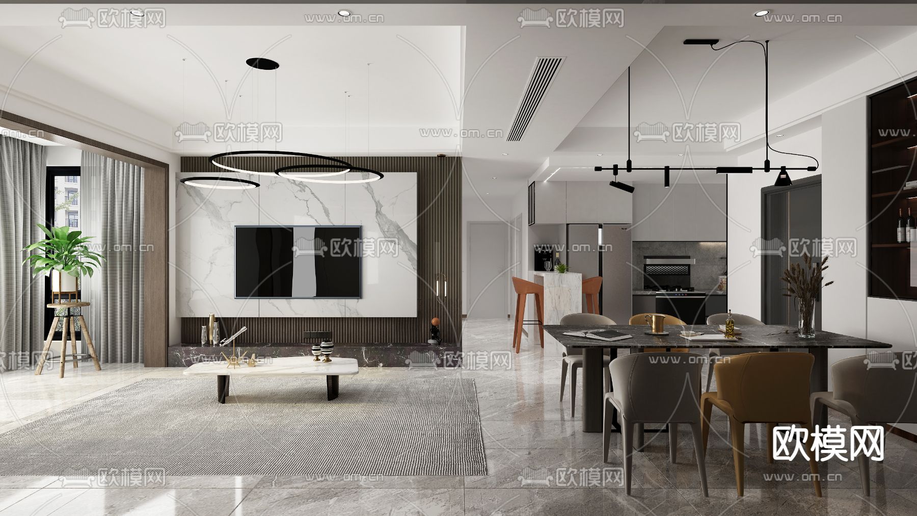 现代黑白灰客餐厅免费3d模型下载（渲染图2）