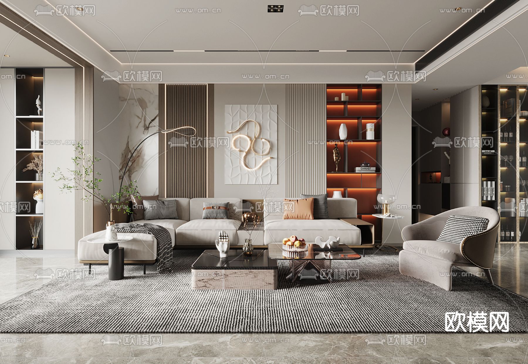 现代轻奢客厅3d模型下载（渲染图1）
