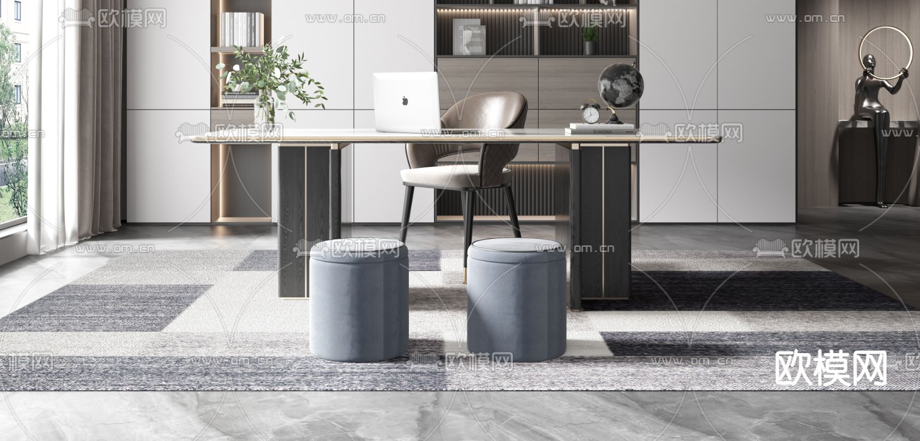 现代轻奢书房3d模型下载（渲染图3）