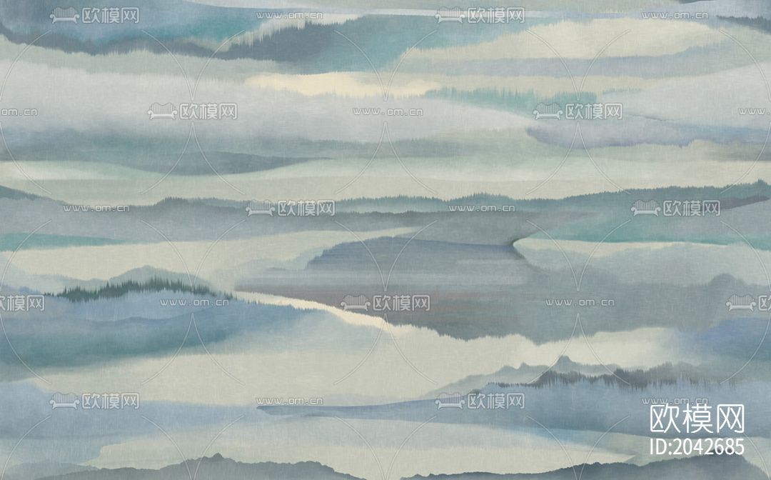 手绘山水意境抽象壁画壁纸背景墙下载（渲染图5）