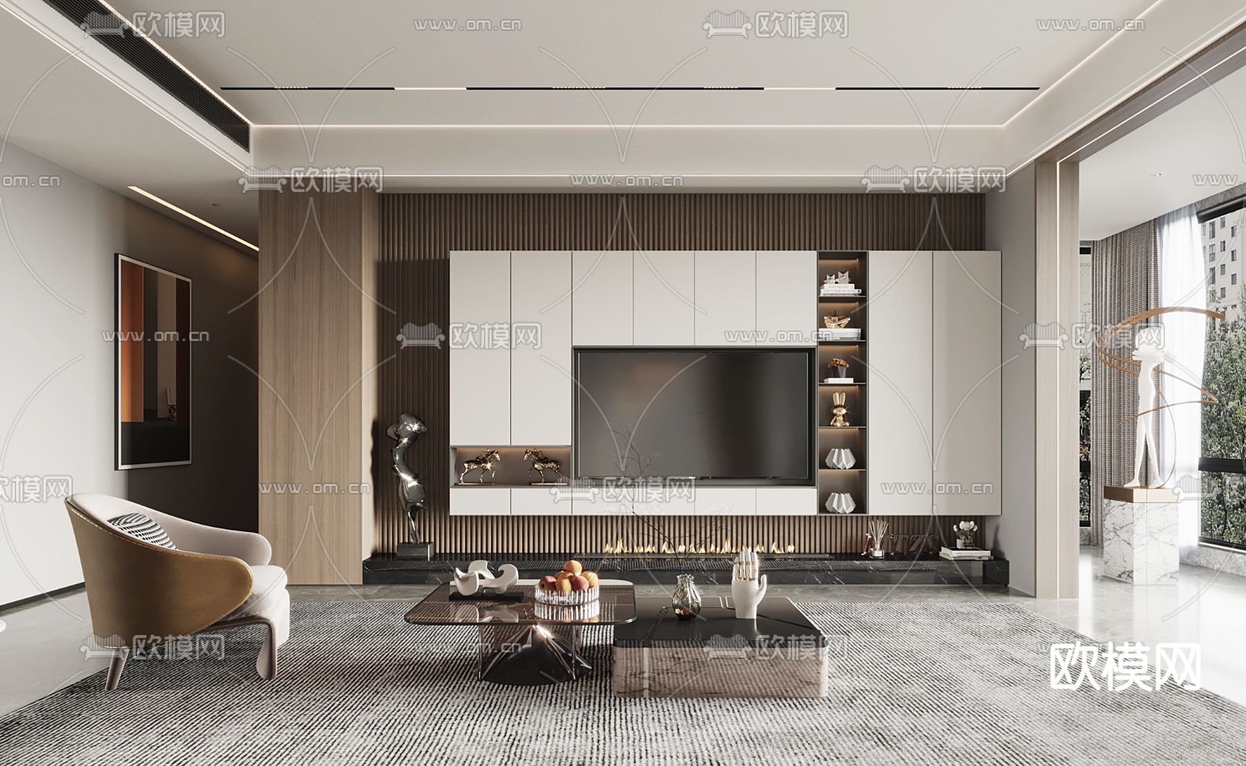 现代轻奢客厅3d模型下载（渲染图2）