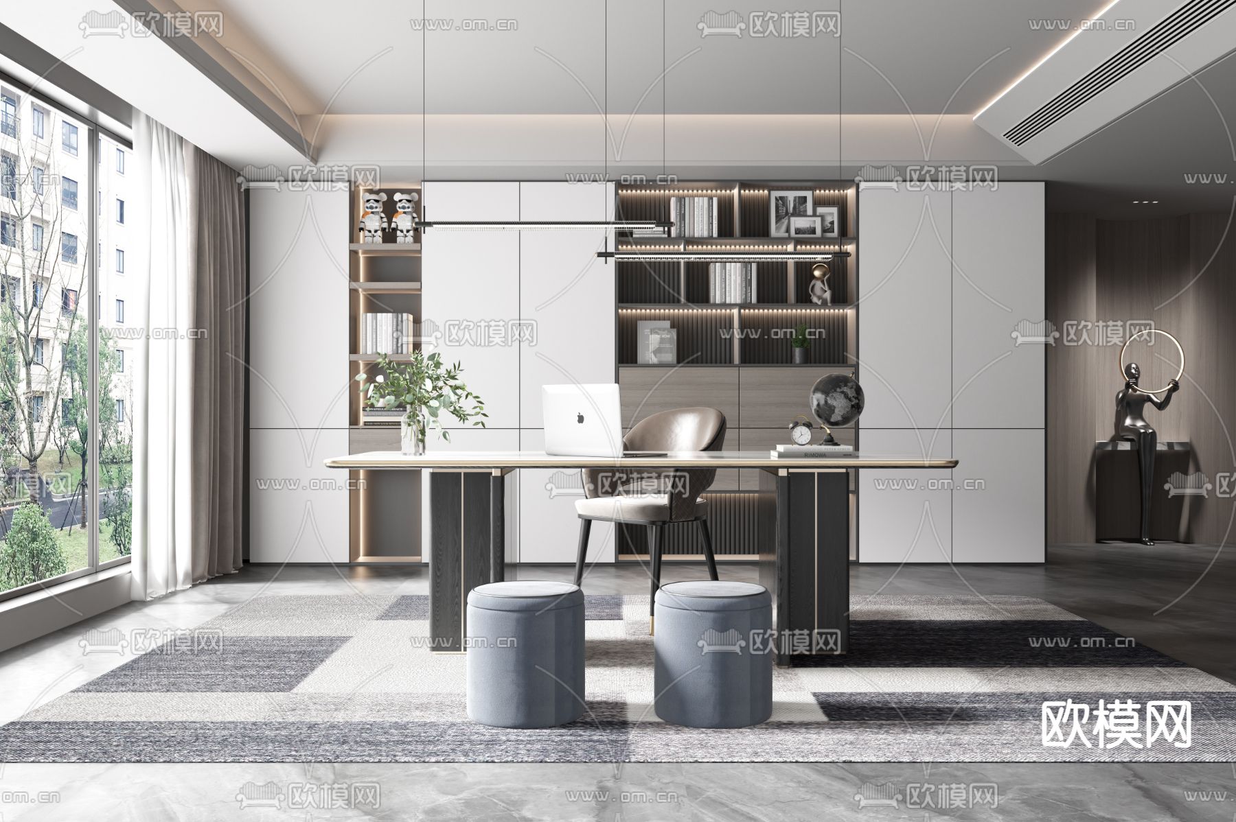 现代轻奢书房3d模型下载（渲染图1）