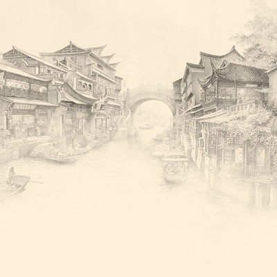  中式阁楼江南风景壁画壁纸 