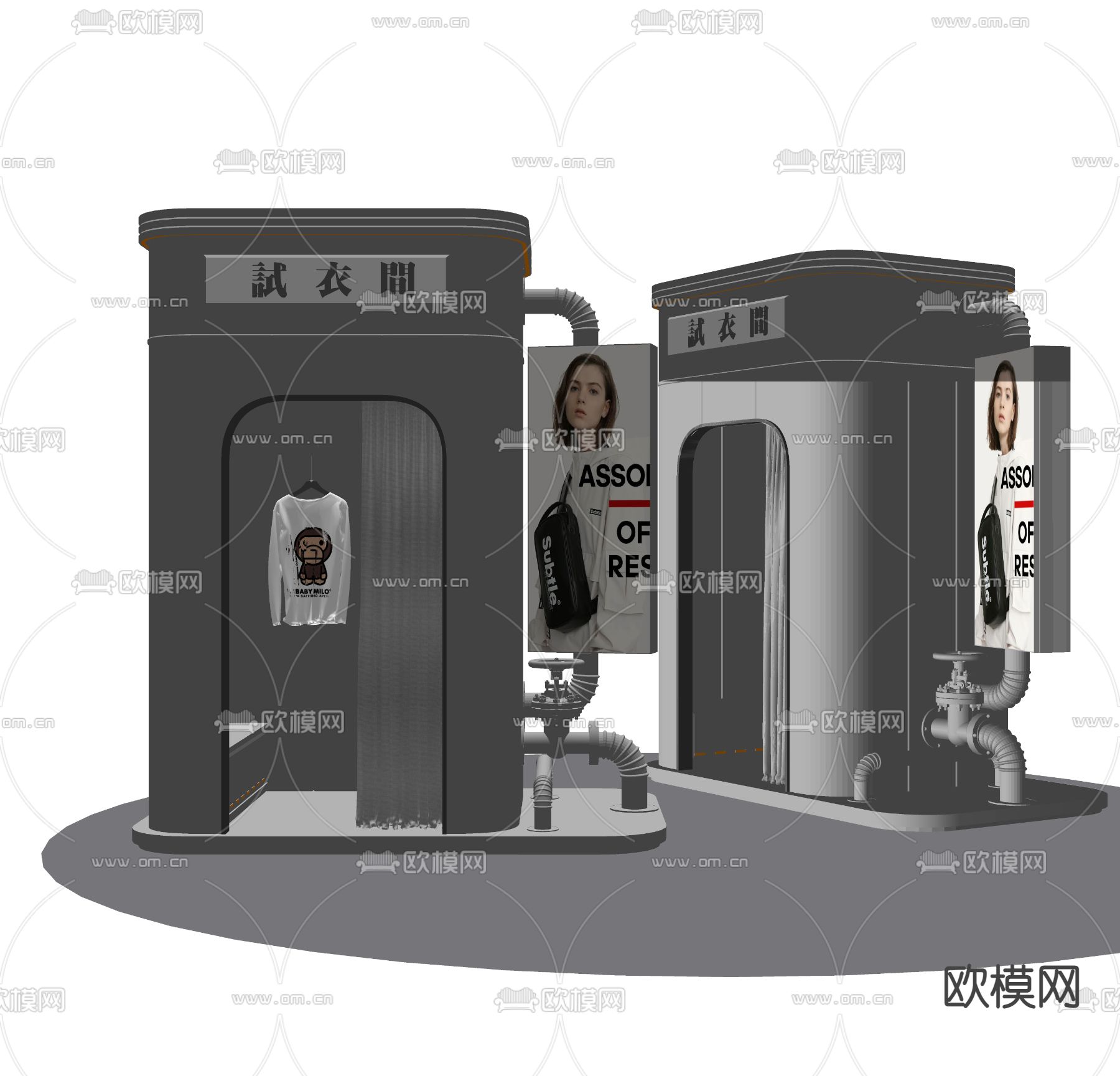 工业风不锈钢试衣间su模型下载（渲染图2）