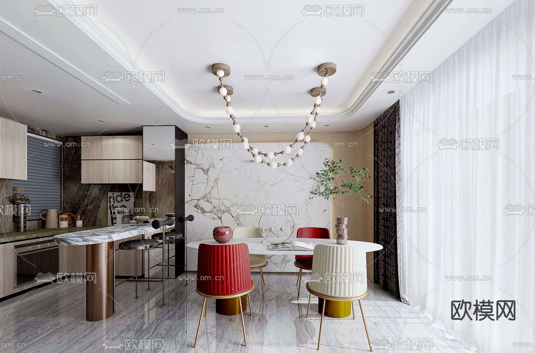 元禾大千 现代餐厅3d模型下载（渲染图1）