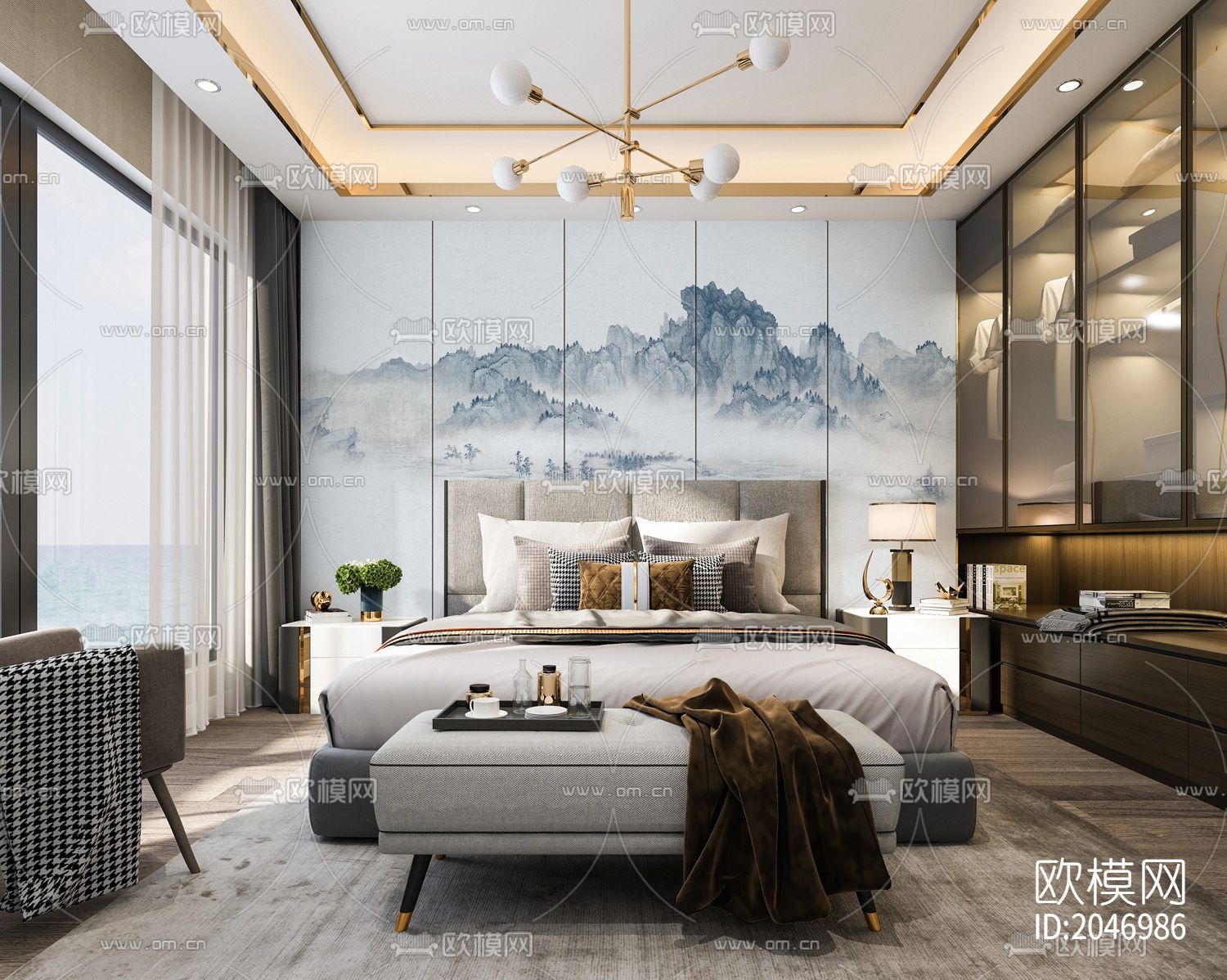 中式山水壁画壁下载（渲染图2）