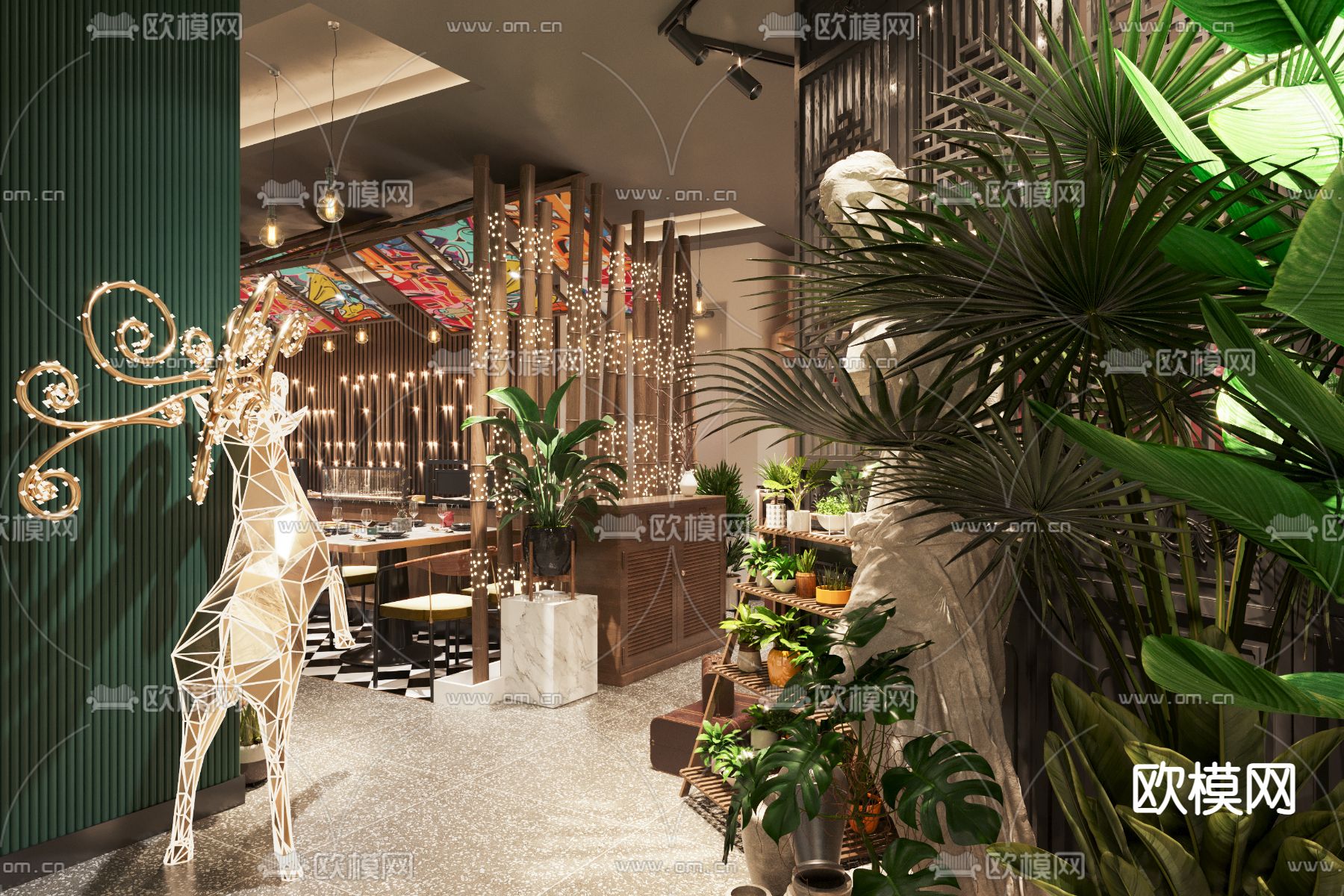 新中式中餐厅免费3d模型下载（渲染图2）