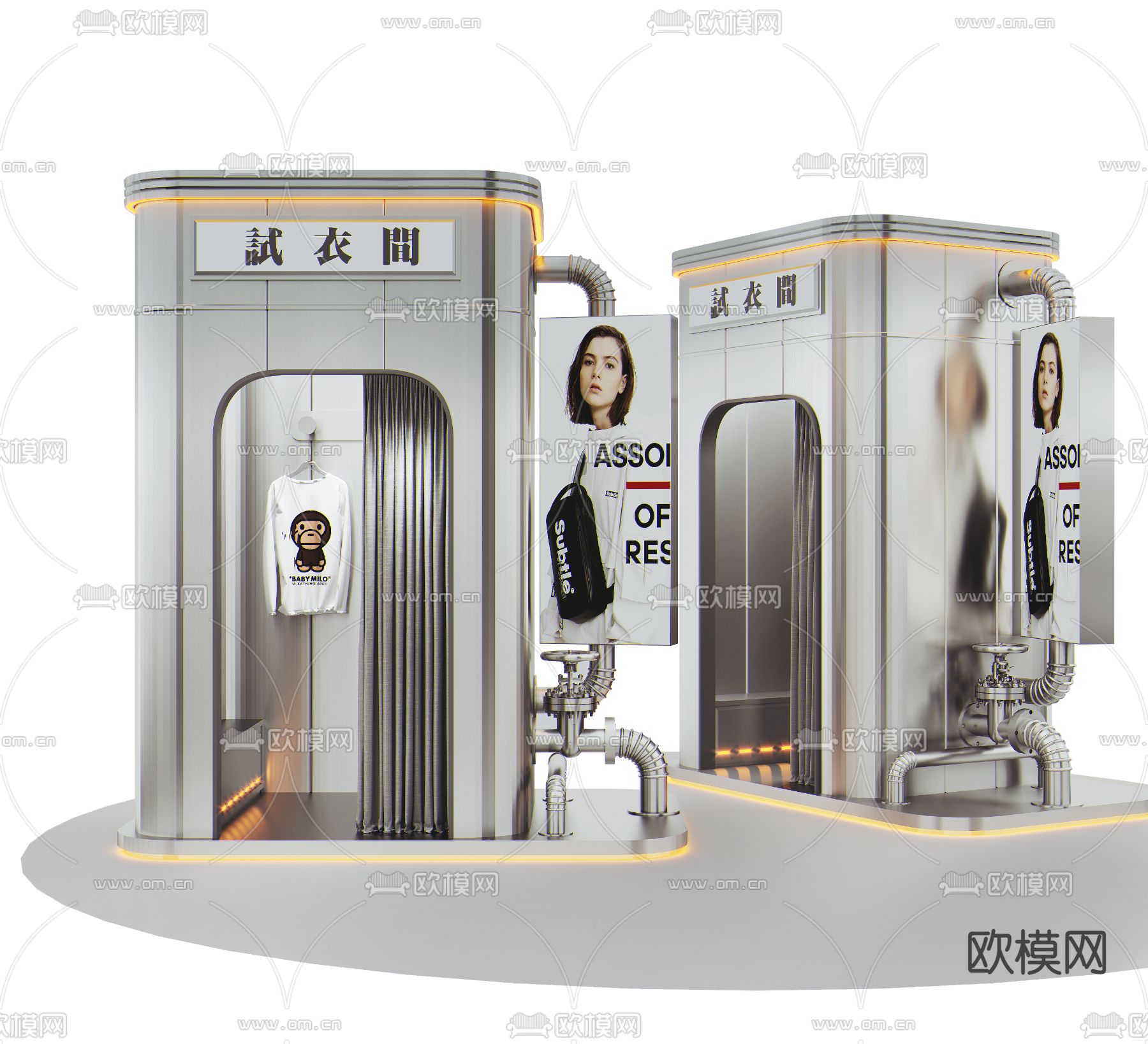 工业风不锈钢试衣间su模型下载（渲染图1）
