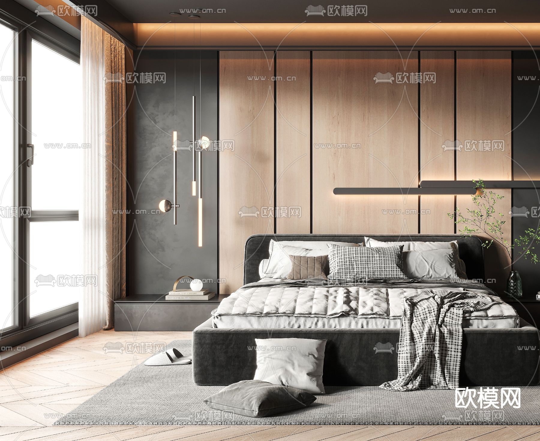 现代高级灰卧室3d模型下载（渲染图2）
