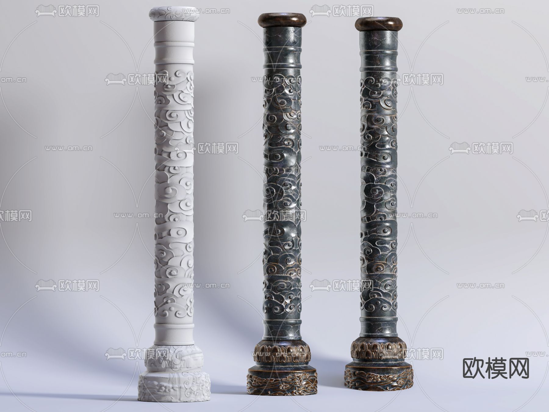新中式祥云雕花石柱3d模型下载（渲染图1）