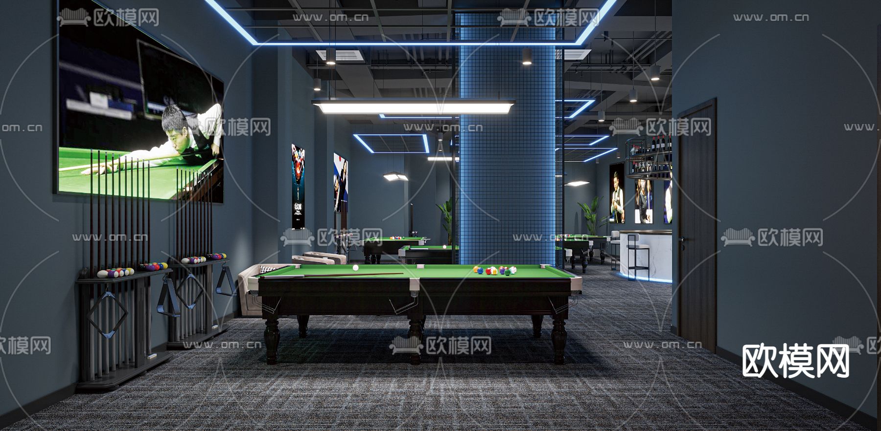 工业风台球馆3d模型下载（渲染图2）