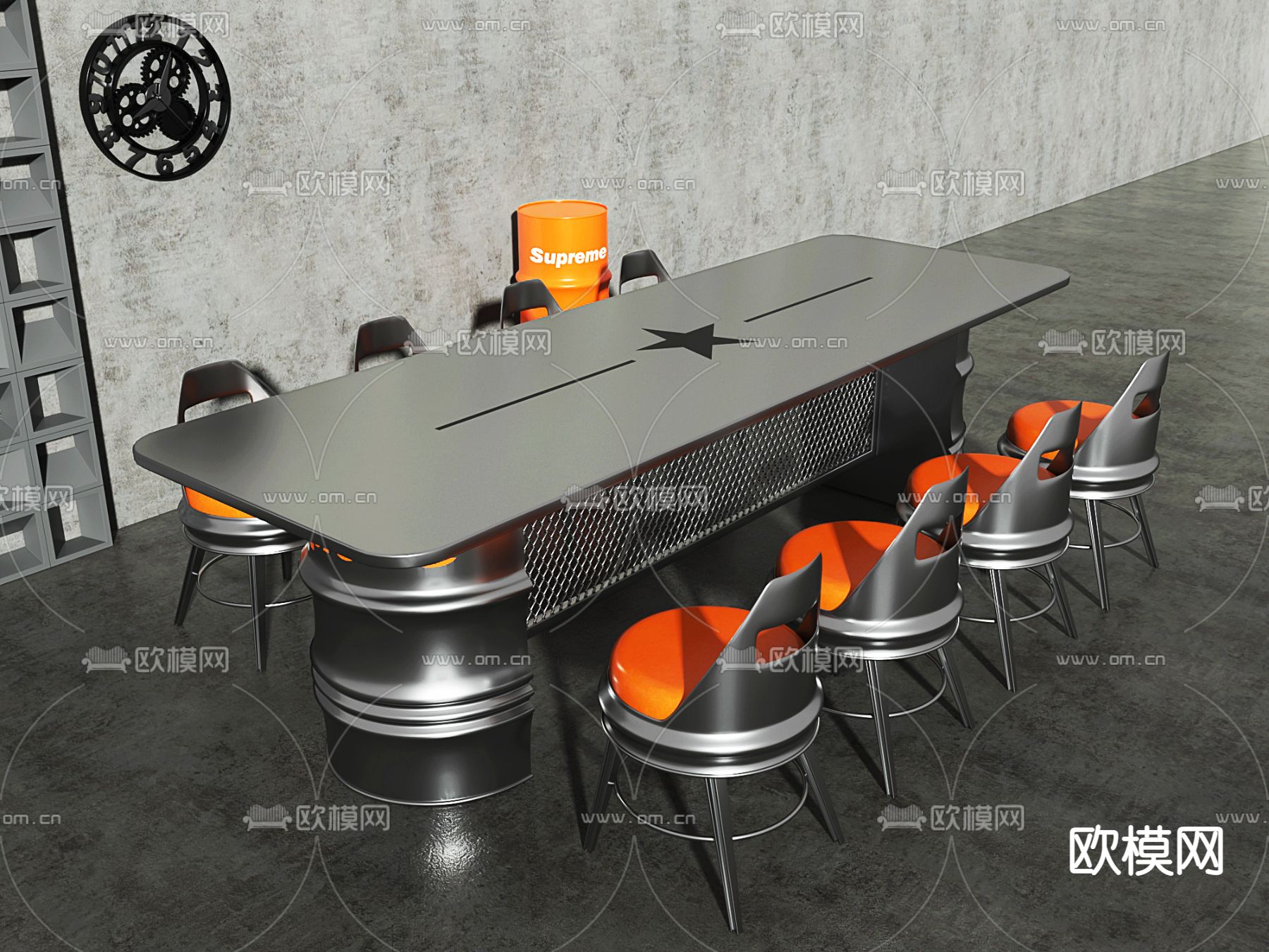 工业风长条形餐桌椅3d模型下载（渲染图1）