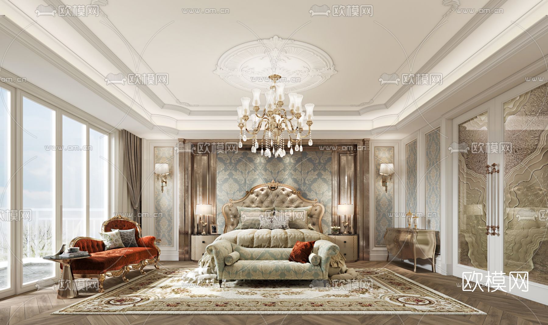欧式轻奢卧室主人房3d模型下载（渲染图1）