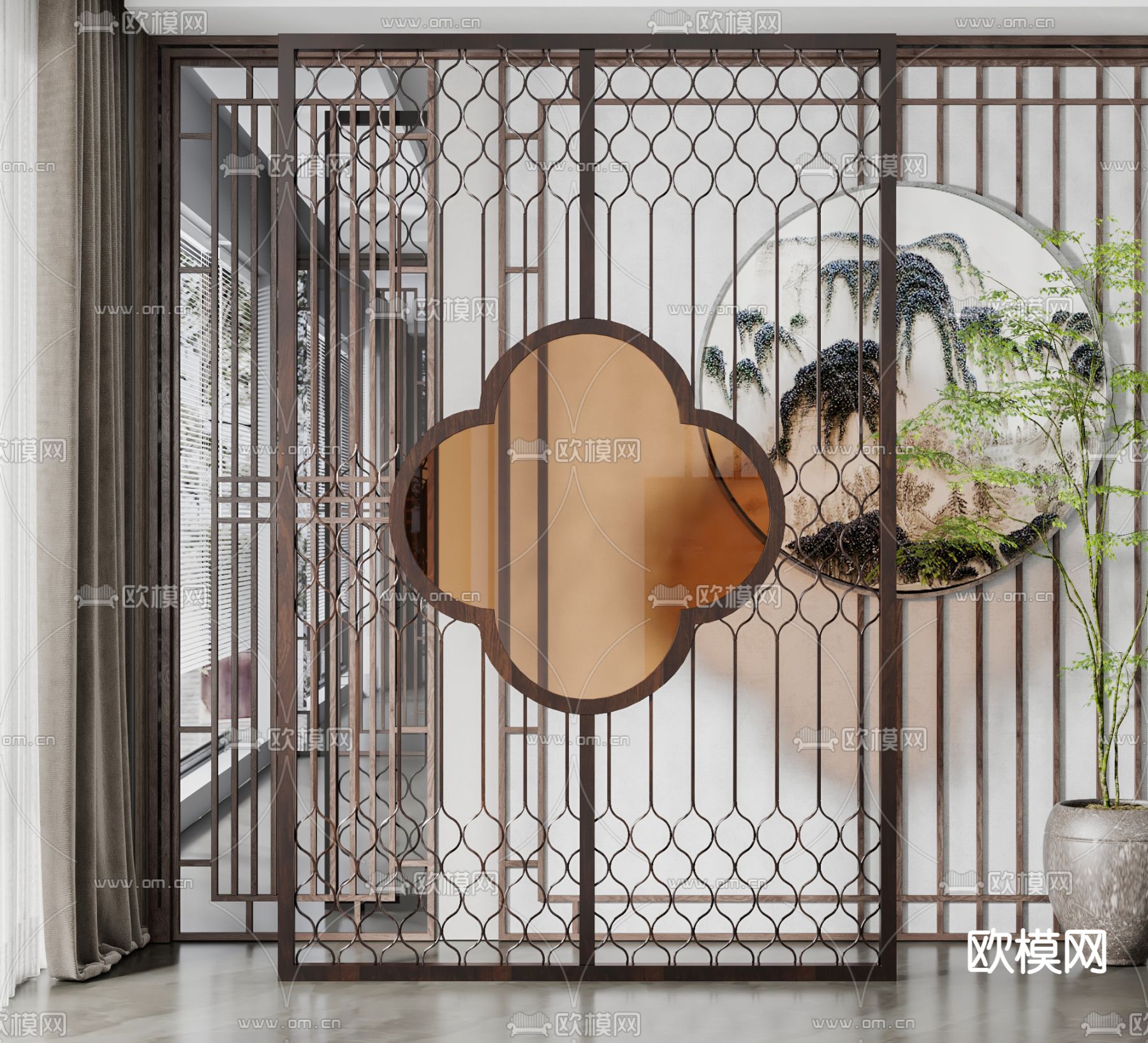 新中式隔断屏风3d模型下载