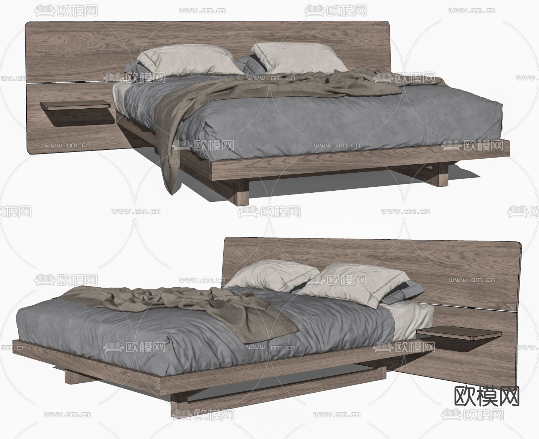 侘寂风原木双人床su模型下载（渲染图2）