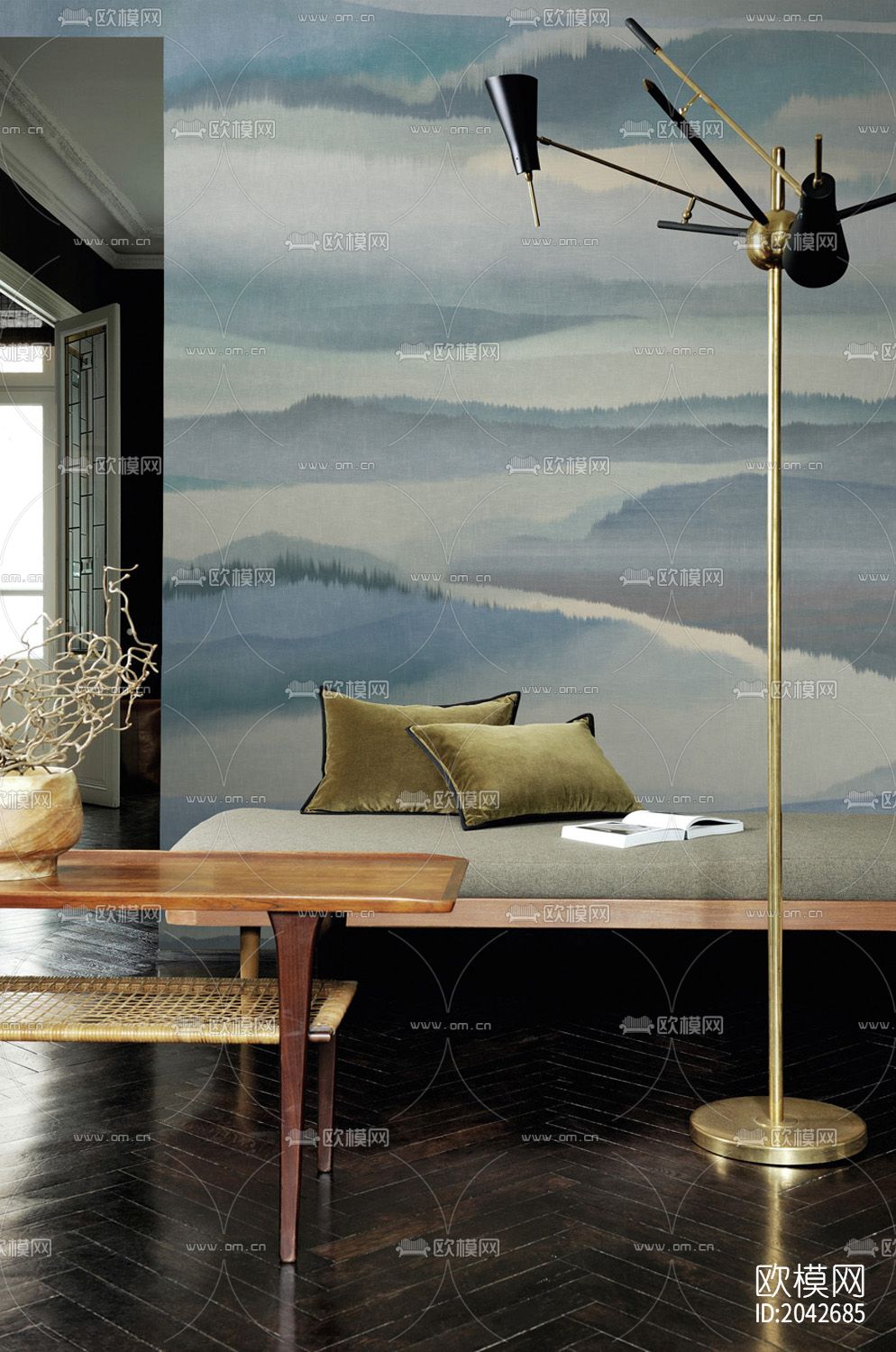 手绘山水意境抽象壁画壁纸背景墙下载（渲染图3）