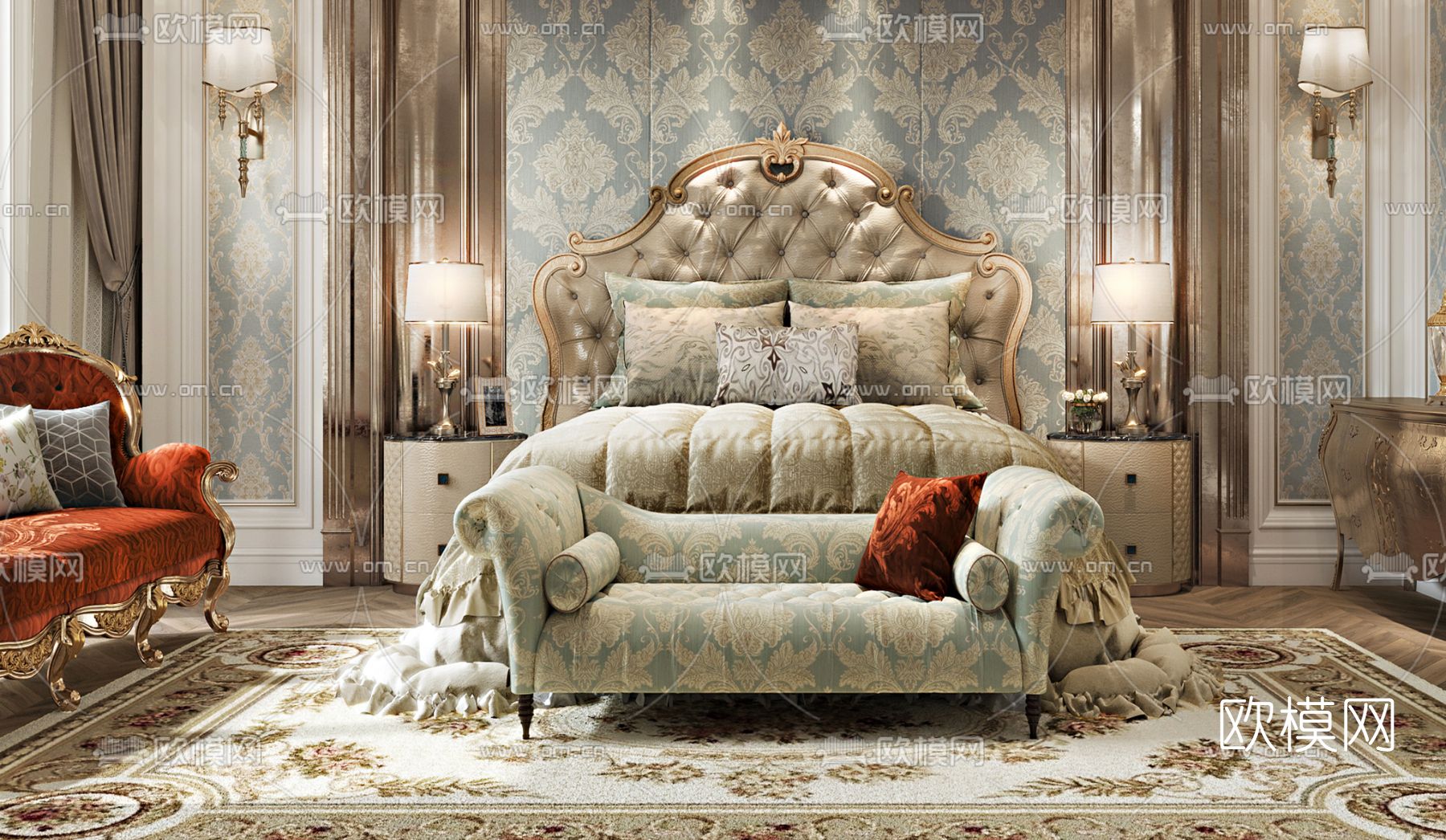 欧式轻奢卧室主人房3d模型下载（渲染图2）