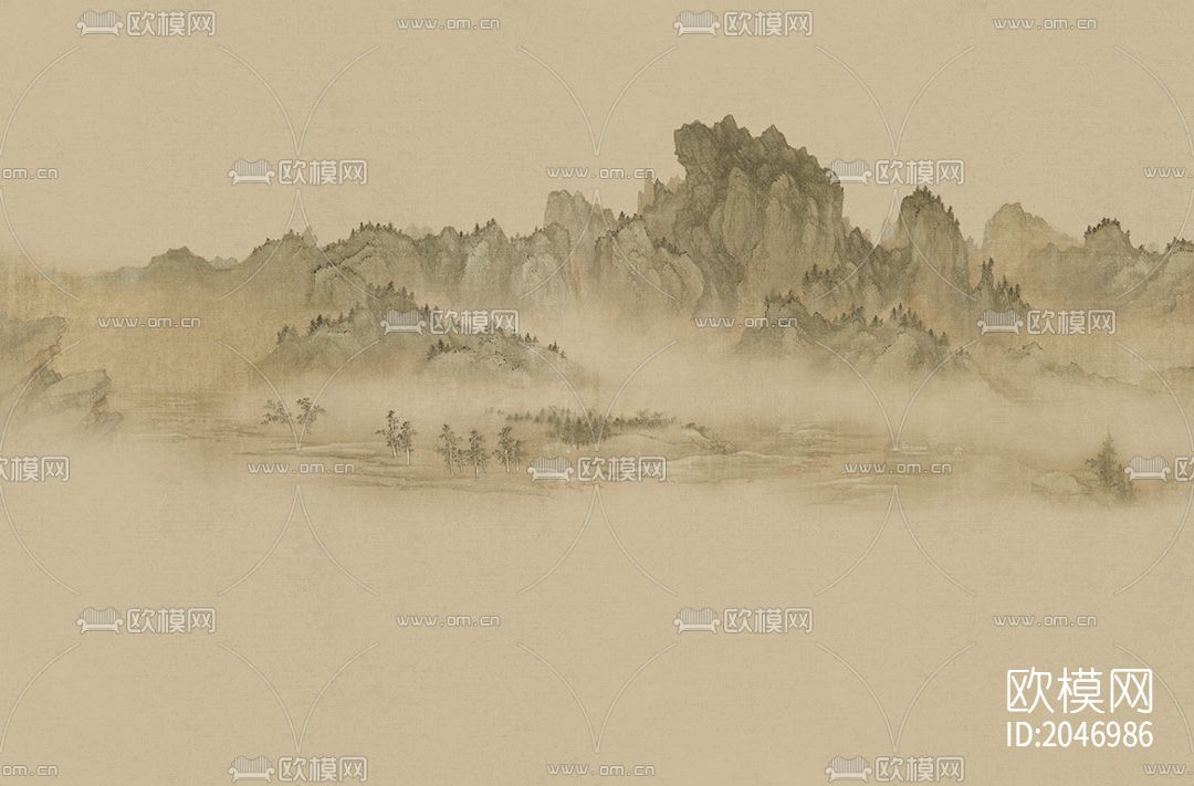 中式山水壁画壁下载（渲染图1）
