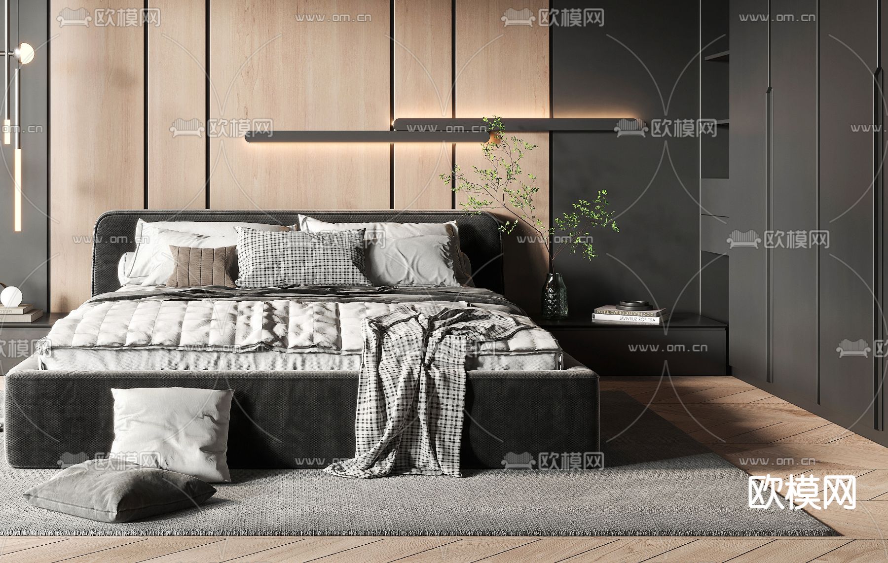 现代高级灰卧室3d模型下载（渲染图3）