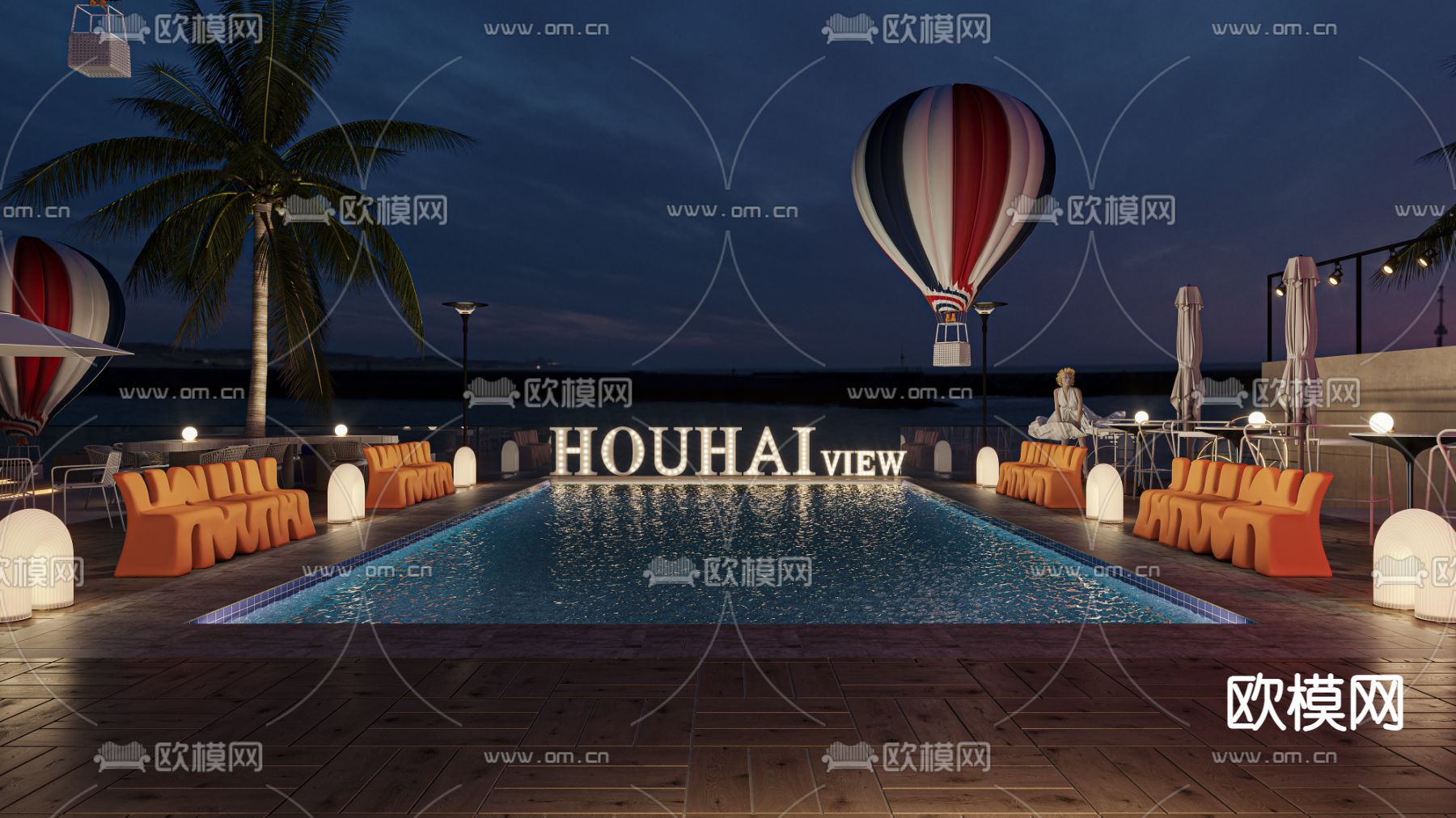 现代酒店户外泳池3d模型