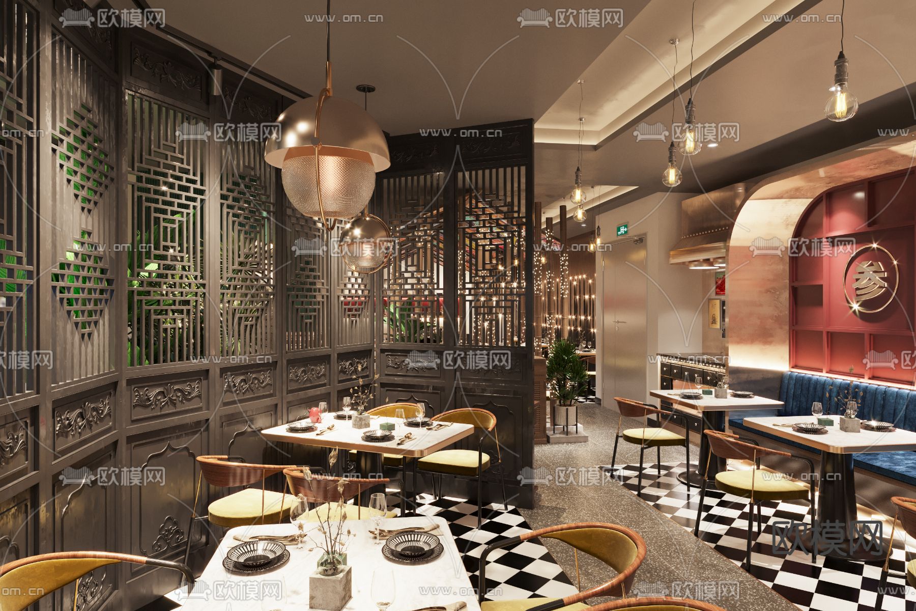 新中式中餐厅免费3d模型下载（渲染图1）