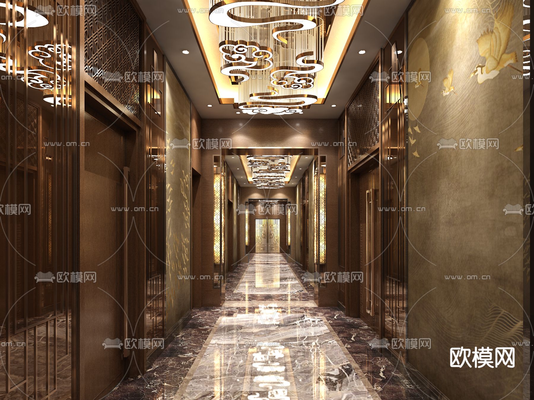 新中式酒店玄关过道免费3d模型下载