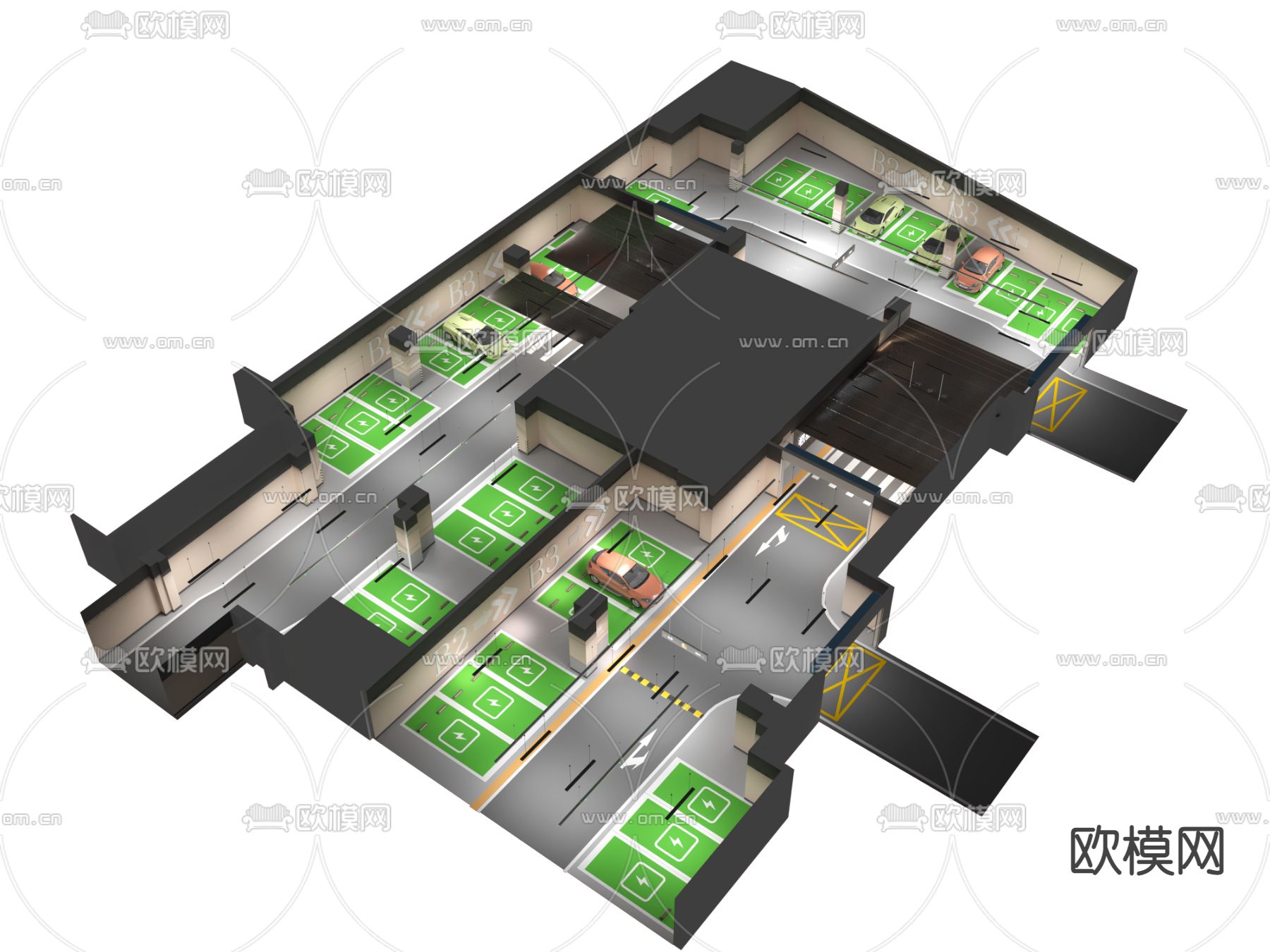 现代室内停车场免费3d模型下载（渲染图2）