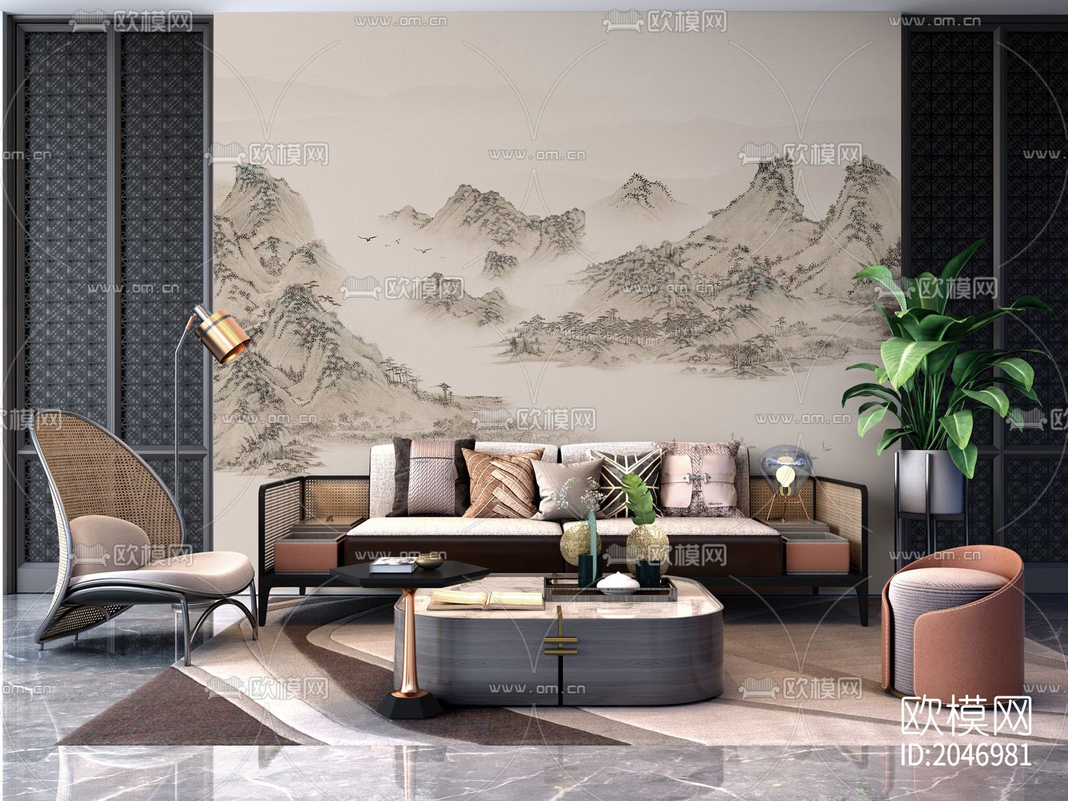 山水金山壁画壁纸下载（渲染图2）