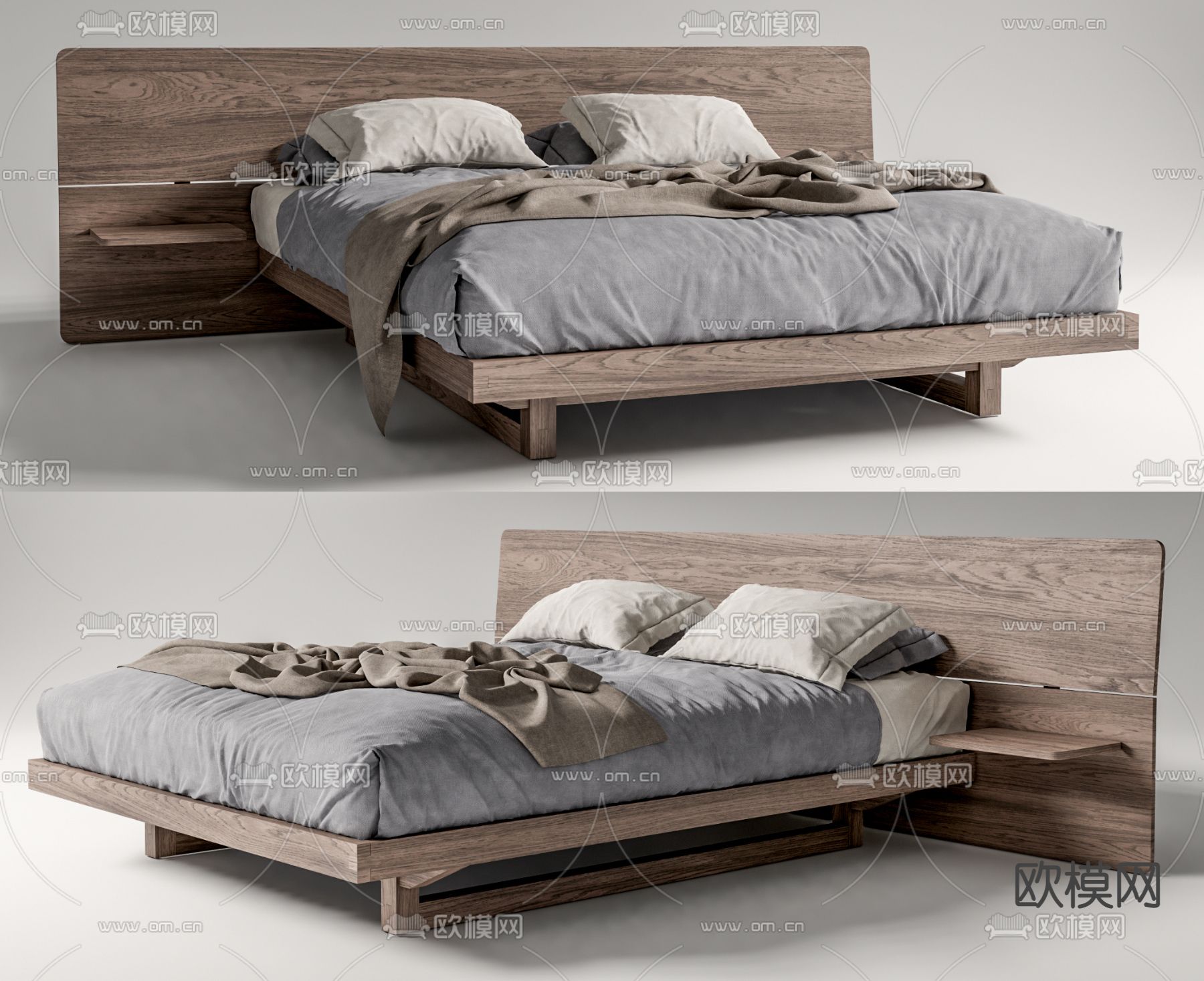 侘寂风原木双人床su模型下载（渲染图1）