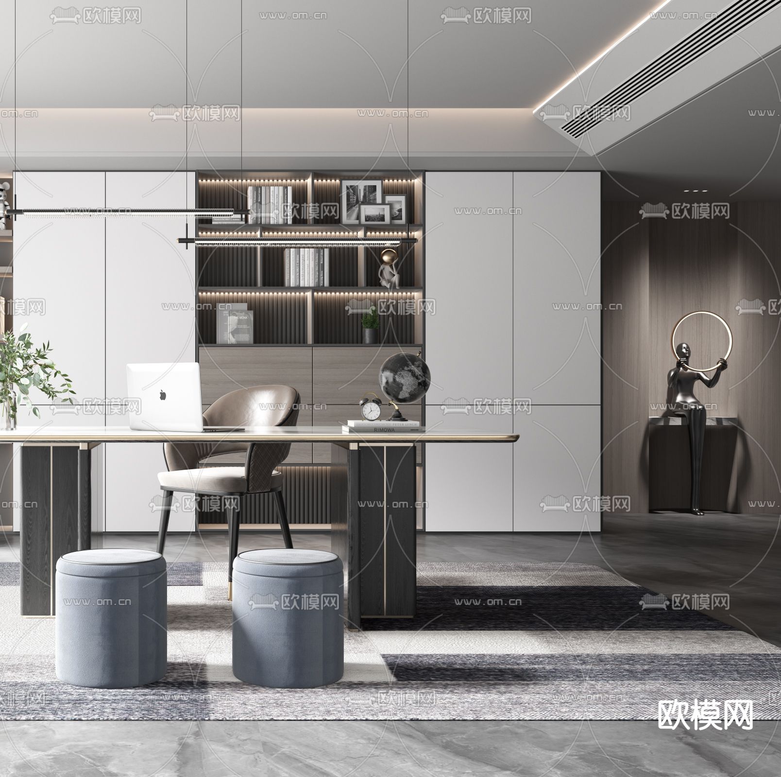 现代轻奢书房3d模型下载（渲染图2）