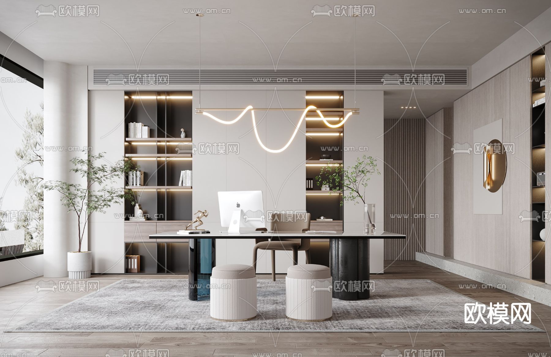 现代书房su模型下载（渲染图1）