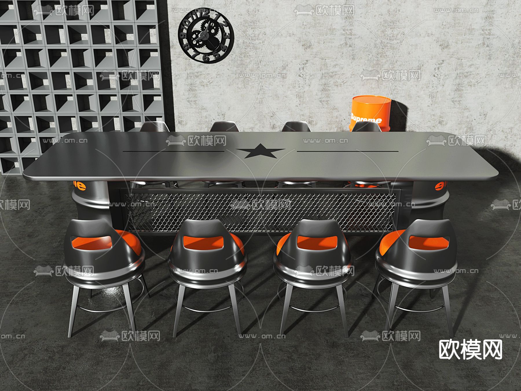 工业风长条形餐桌椅3d模型下载（渲染图2）