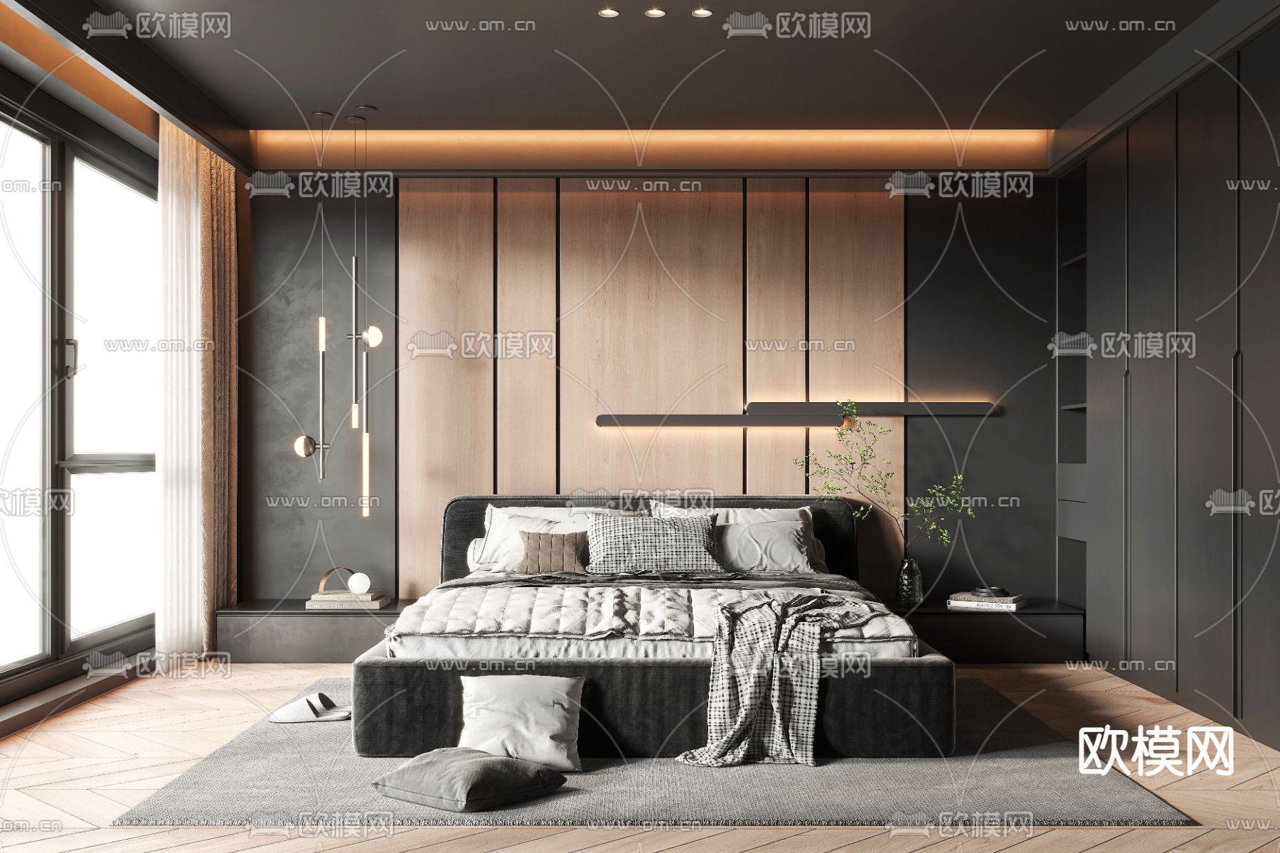 现代高级灰卧室3d模型下载（渲染图1）